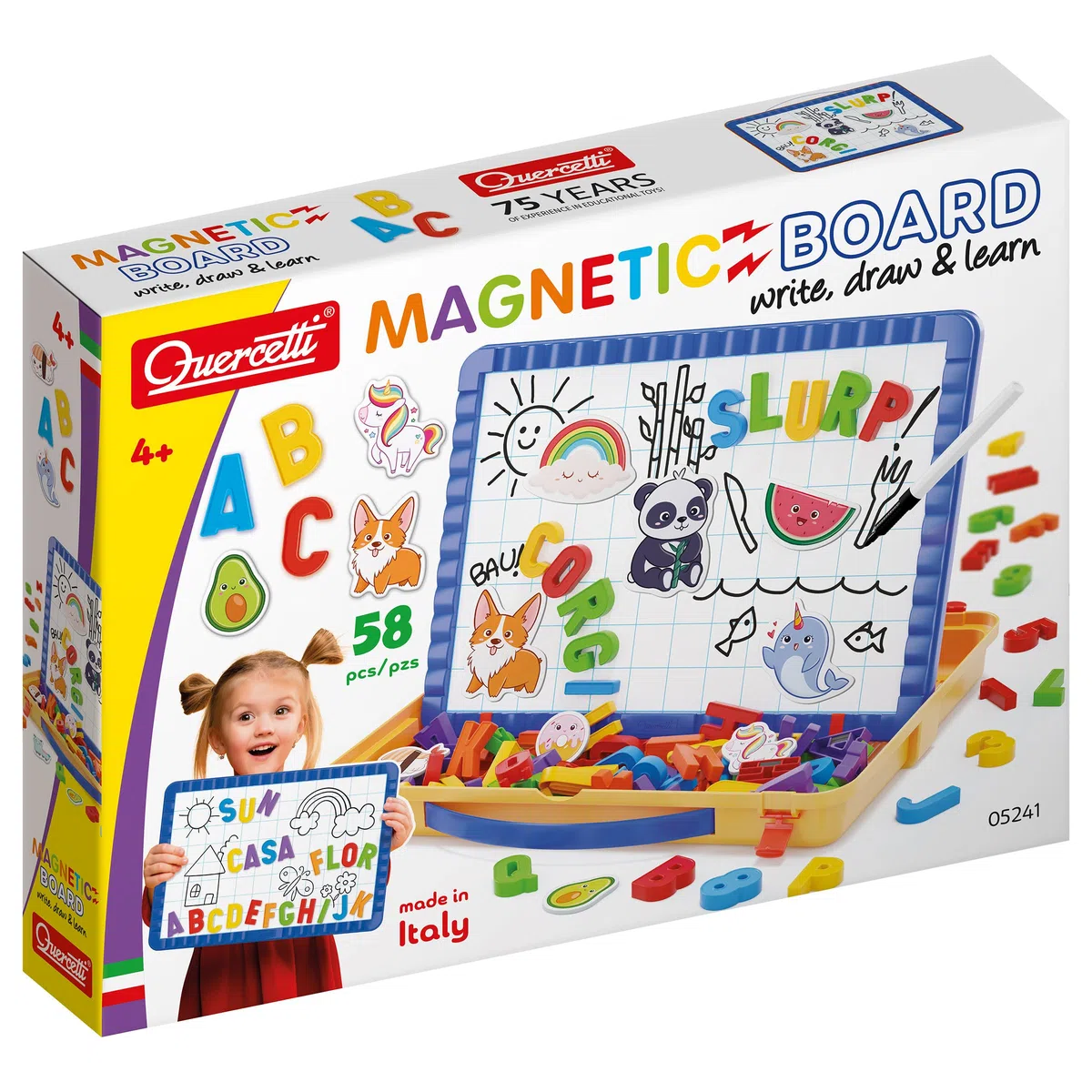 Quercetti Magnetino Letters Lavagna per Bambini 4-8 Anni con Lettere Magnetiche per Bambini, Lavagna Cancellabile con Piedini, Giochi Educativi, Made in Italy