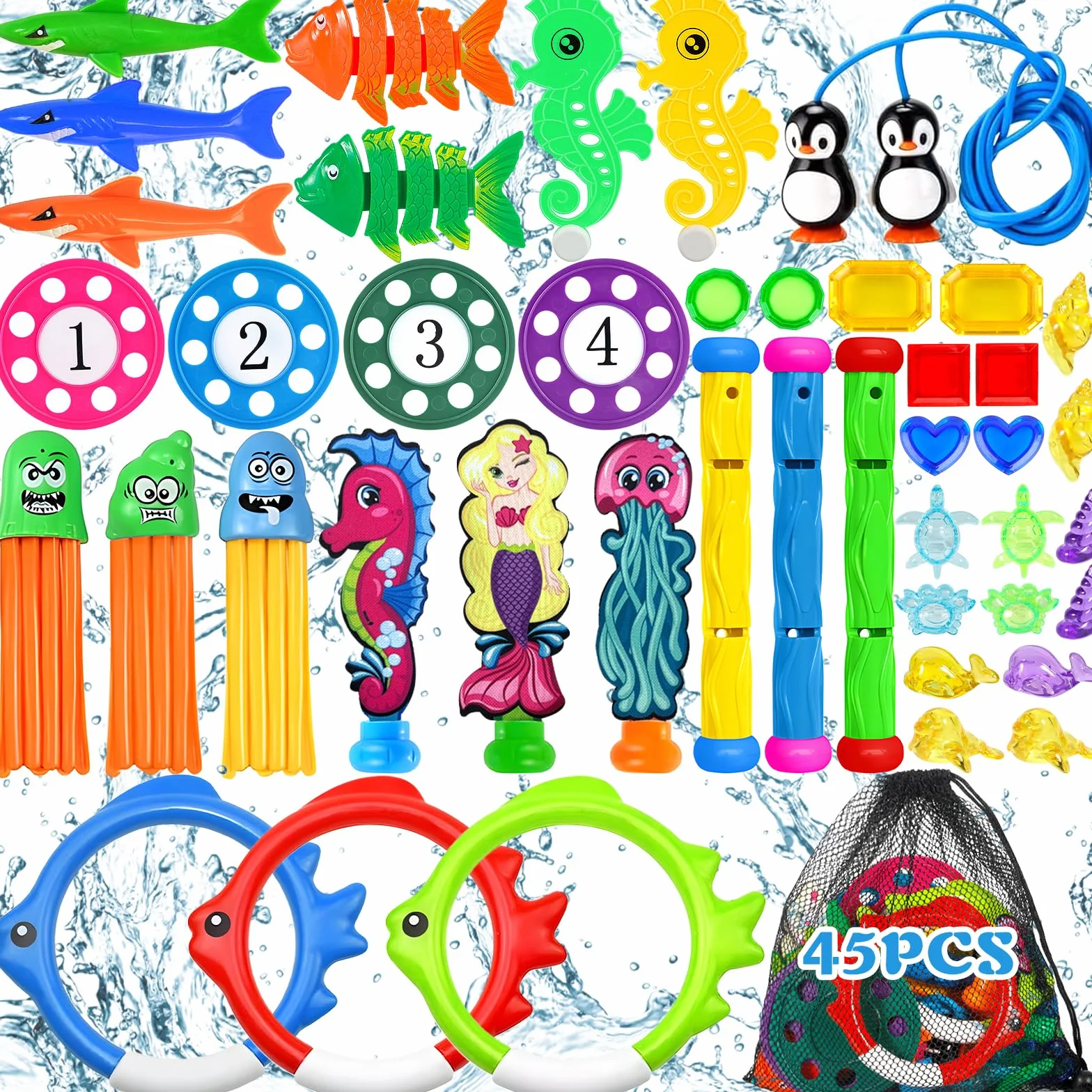 ZLPBAO 45 Pezzi Giocattoli da Immersione, Giochi Acqua Bambini Set da Immersione subacquee Giochi d'affondamento Addestramento Regalo per Bambini con Borsa per Il Trasporto