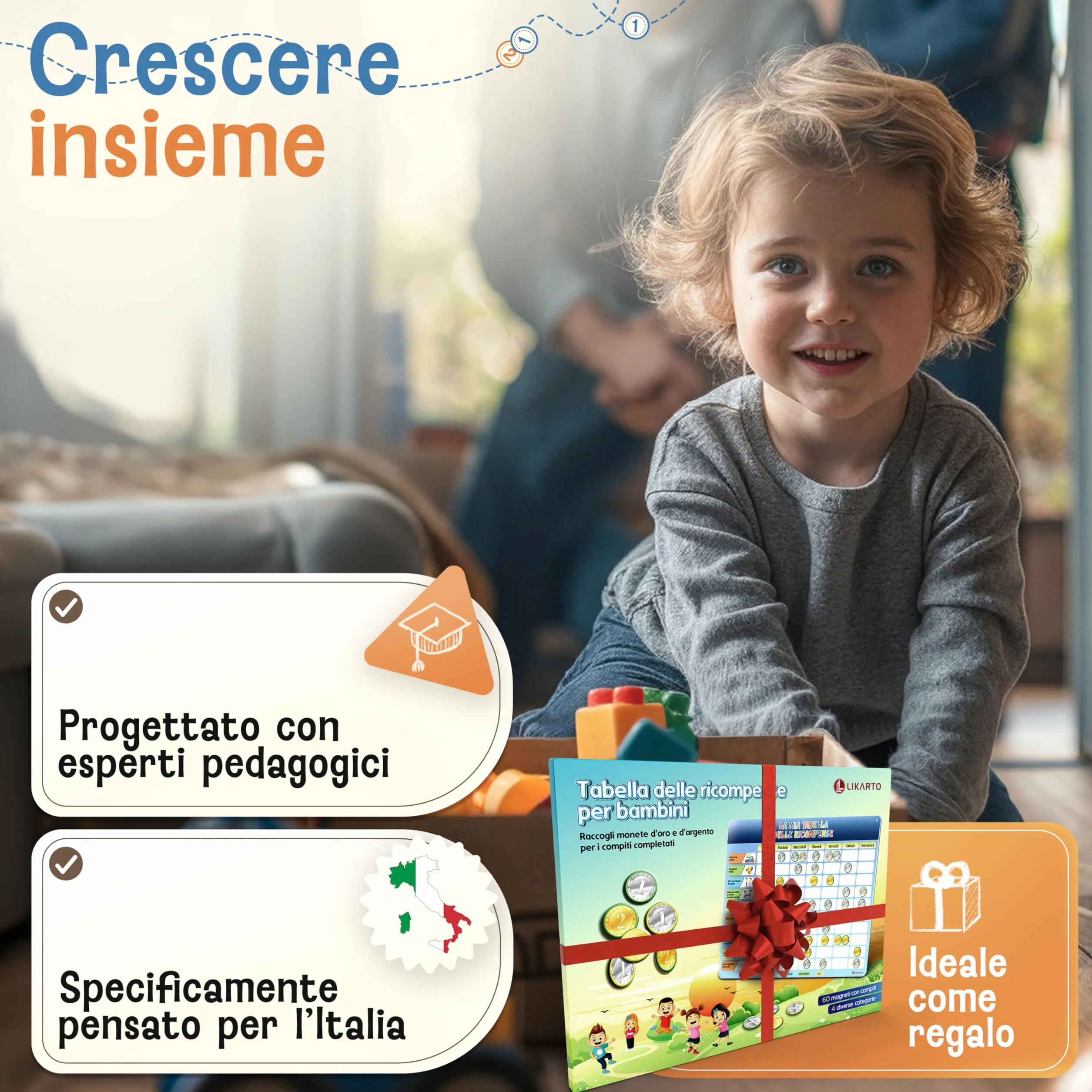 LIKARTO® Tabella delle ricompense per bambini - incl. 280 magneti - Sistema di ricompense per bambini, agenda dei compiti Montessori, indipendenza ludica, tabella magnetica, tabellone dei premi