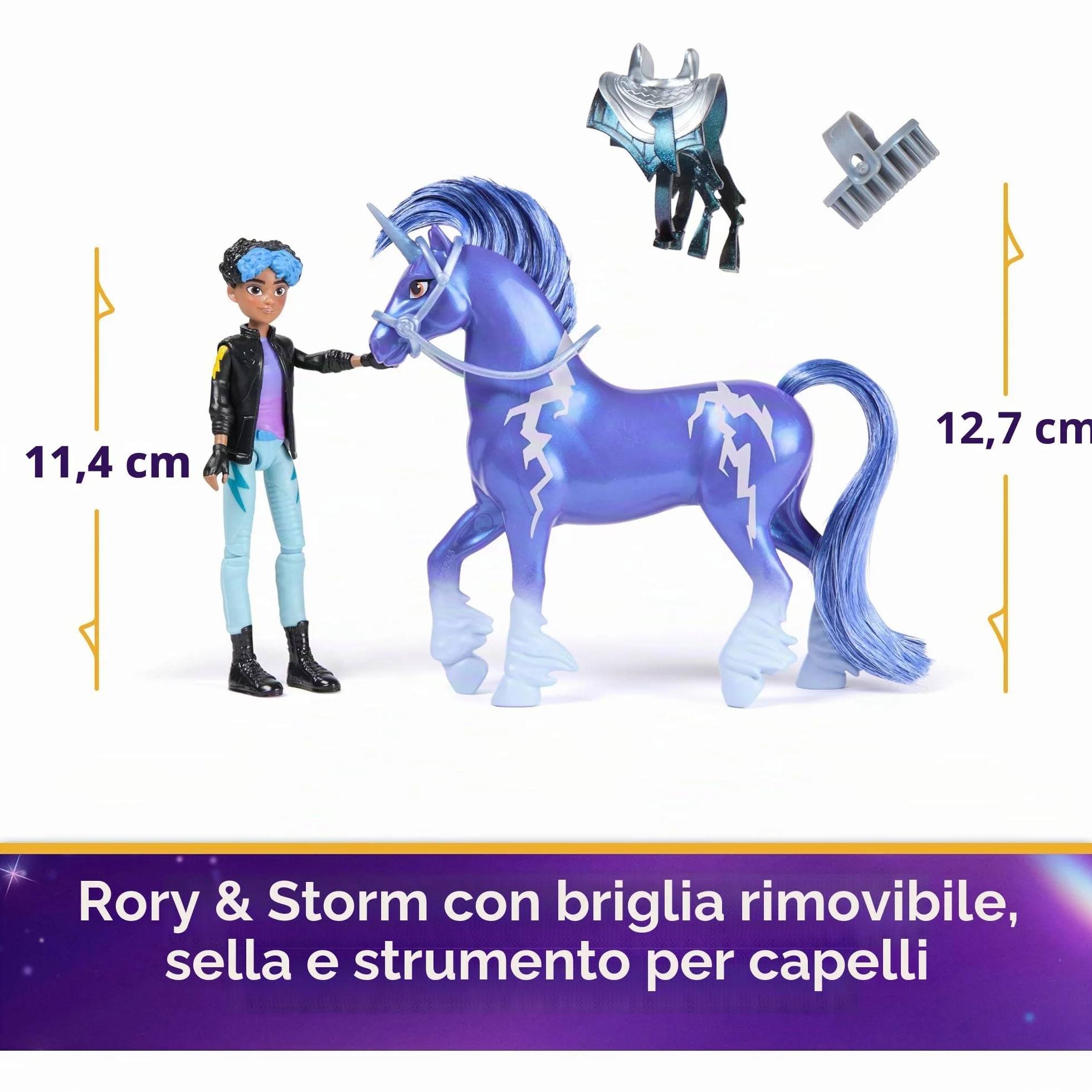 Unicorn Academy Set – Rory e Unicorno Storm con vera criniera e coda e spazzola, circa 12 cm personaggi originali della popolare serie Netflix, per bambini dai 4 anni in su