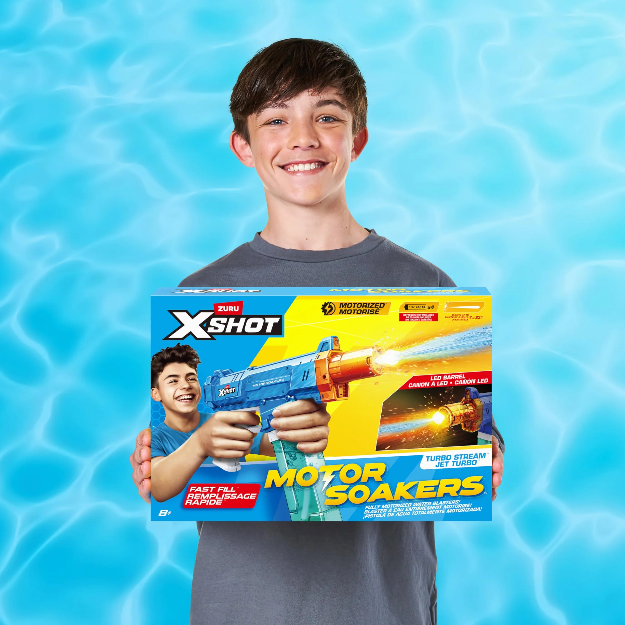 XSHOT Water Turbo Stream Motor Soaker by ZURU: Blaster d'acqua motorizzato, riempimento rapido, canna LED, getto 9m. Giocattolo estivo per bambini 5+ divertimento all'aperto.