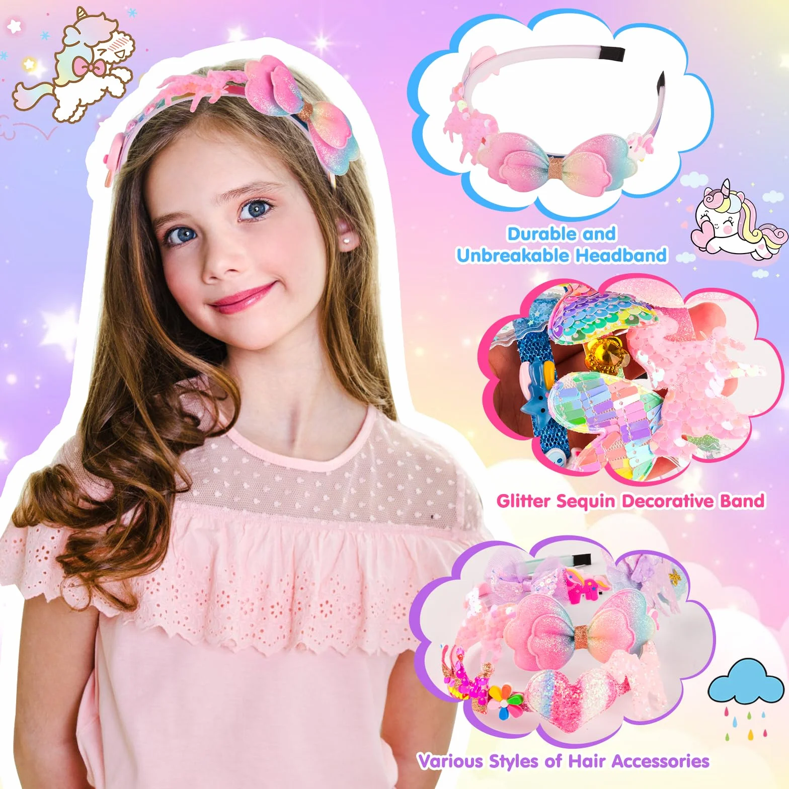 WuGU Kit per La Creazione di Cerchietti per Capelli, 49 Pezzi Set di Accessori per Capelli fai da te, Regalo per Ragazze di 5 6 7 8 9 10 Anni, Regali di Compleanno e Natale per Bambina
