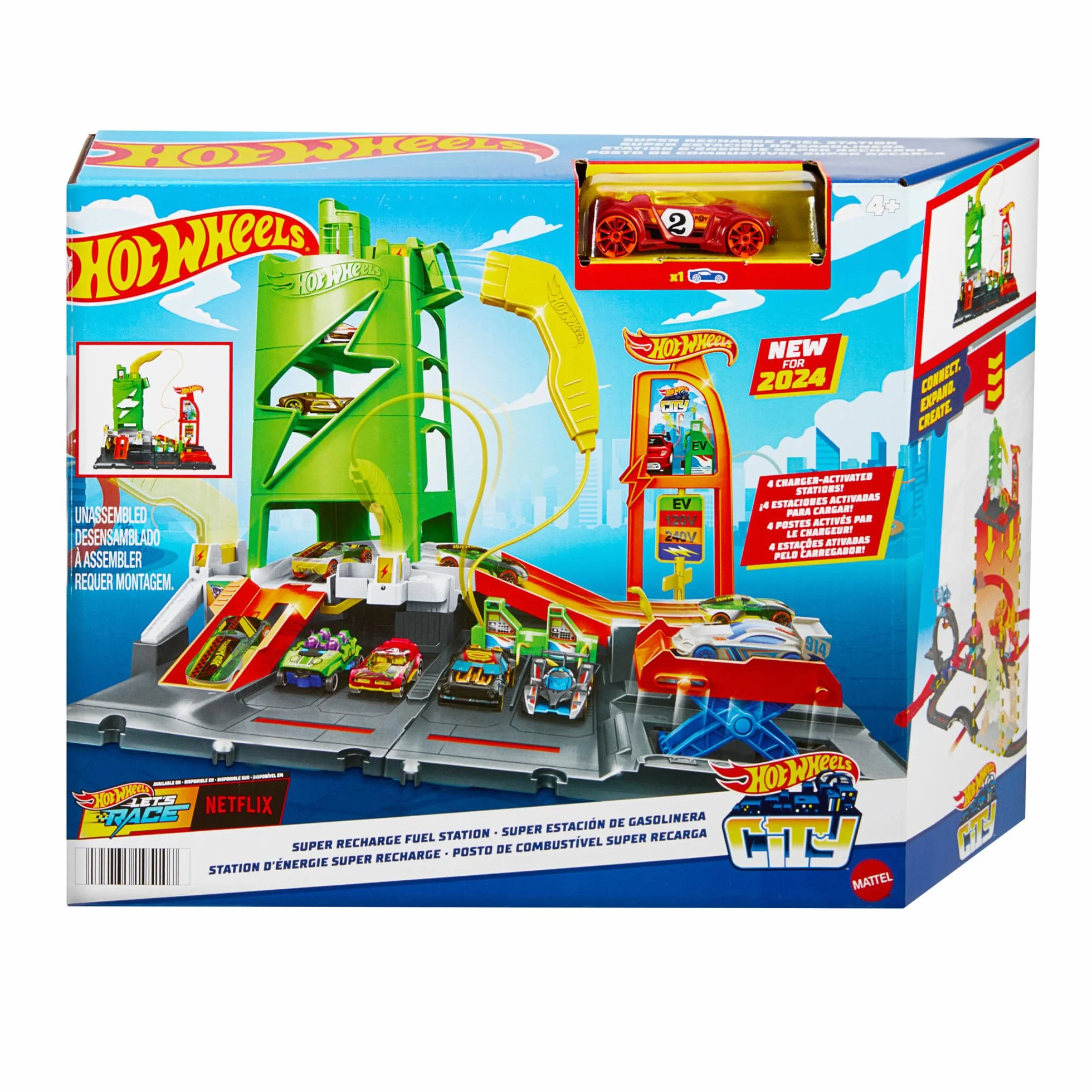 Hot Wheels 'Let's Race' Netflix - Area di Servizio Super Ricarica, playset con 4 stazioni di rifornimento, ascensore e parcheggio fino a 10 auto, 1 macchinina inclusa, 4+ anni, HTN79