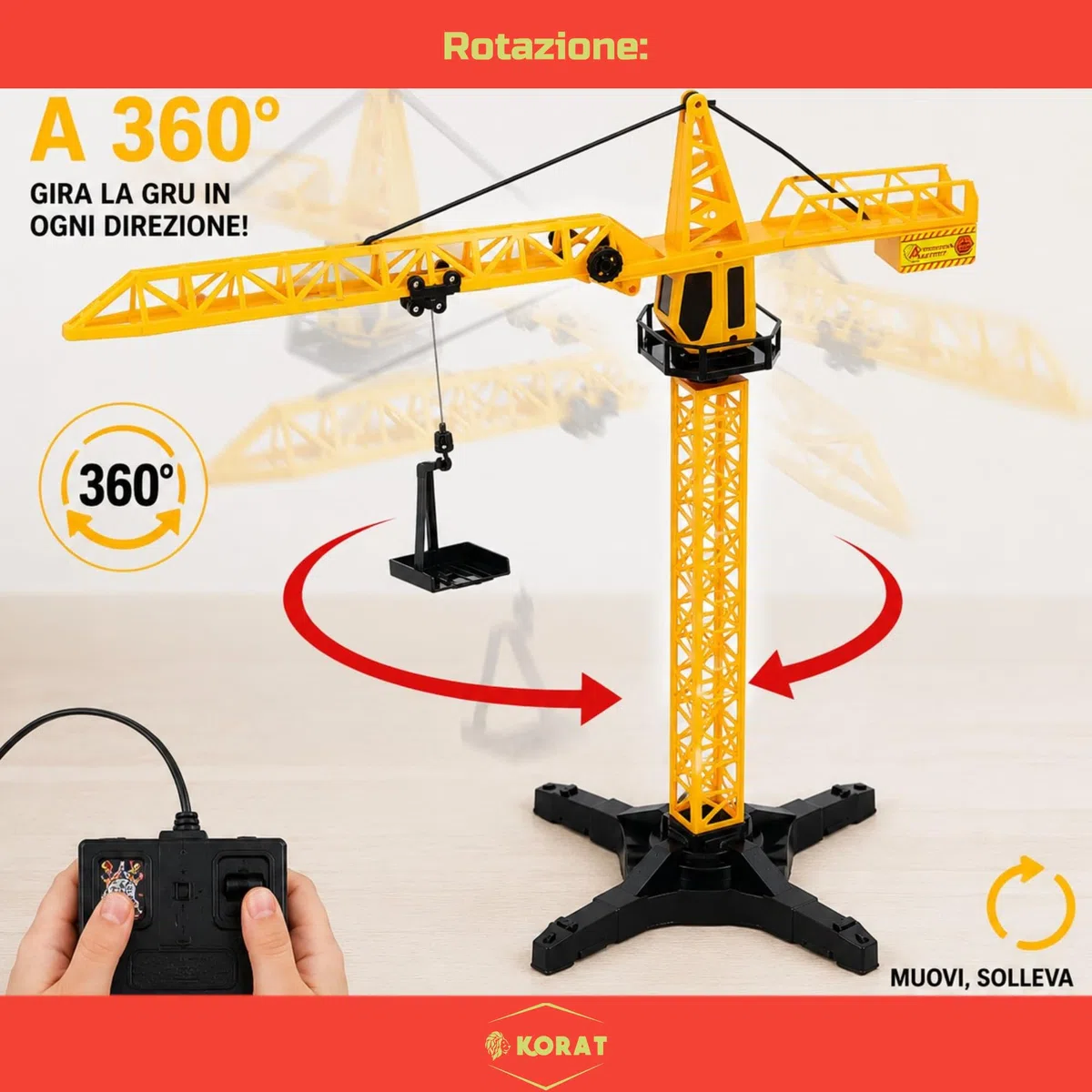 KORAT Gru Giocattolo Filoguidata 60 cm per Bambini, Rotazione 360°, Telecomando a Filo, Gancio Mobile e Accessori Inclusi Gioco Educativo per Coordinazione e Fantasia 3+ Anni