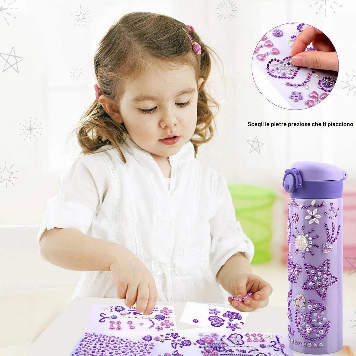 Regalo Bambina 5 6 7 8 9 10 11 Anni, Kit Borraccia Fai Da Te con Gemma Adesivi, Regali per Ragazze DIY Bottiglia D'acqua Bambini, Regali di Compleanno Ragazza 4-12 Anni, Bottiglia Termica Scuola