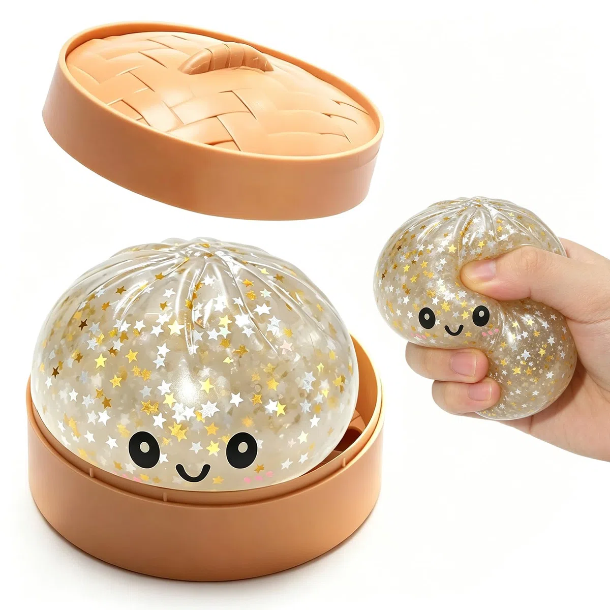Glittere Dumpling Squishys, 9cm Squishys Dumpling con Vaporiera, Divertente Giocattoli Sensoriali, Antistresse Fidget Toys, Compleanno e Pasqua Regalos (Bianco B)