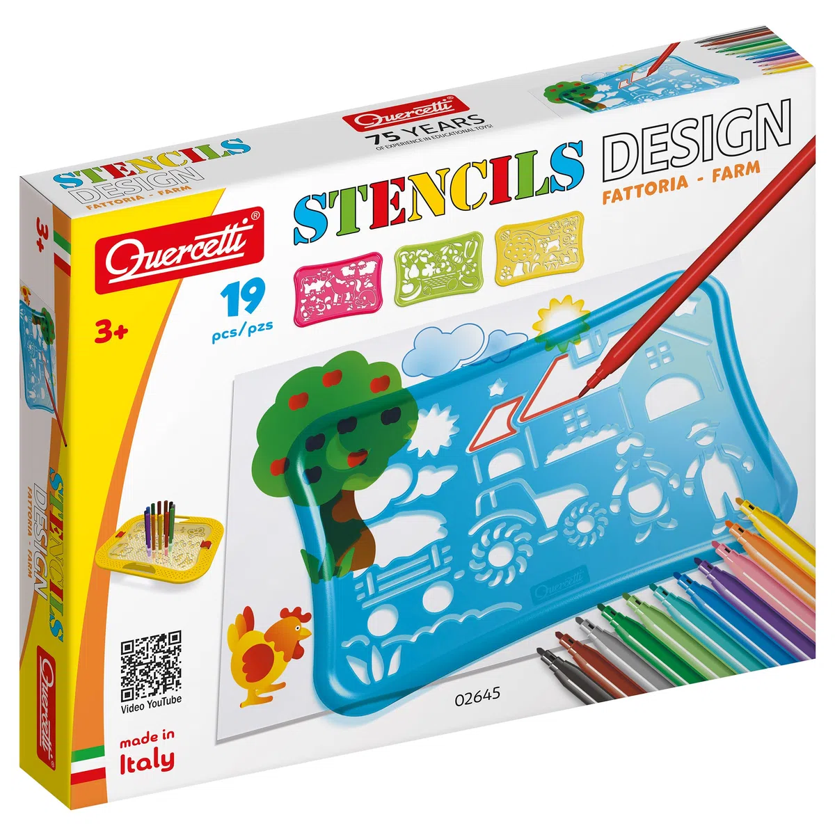 Quercetti Stencils Design Farm, Giochi Bambini 3 Anni Fino agli 8 Anni con 4 Sagome, 12 Pennarelli e Album da Colorare per Bambini, Giochi Creativi ed Educativi, Gioco Bambino 3 Anni, Made in Italy
