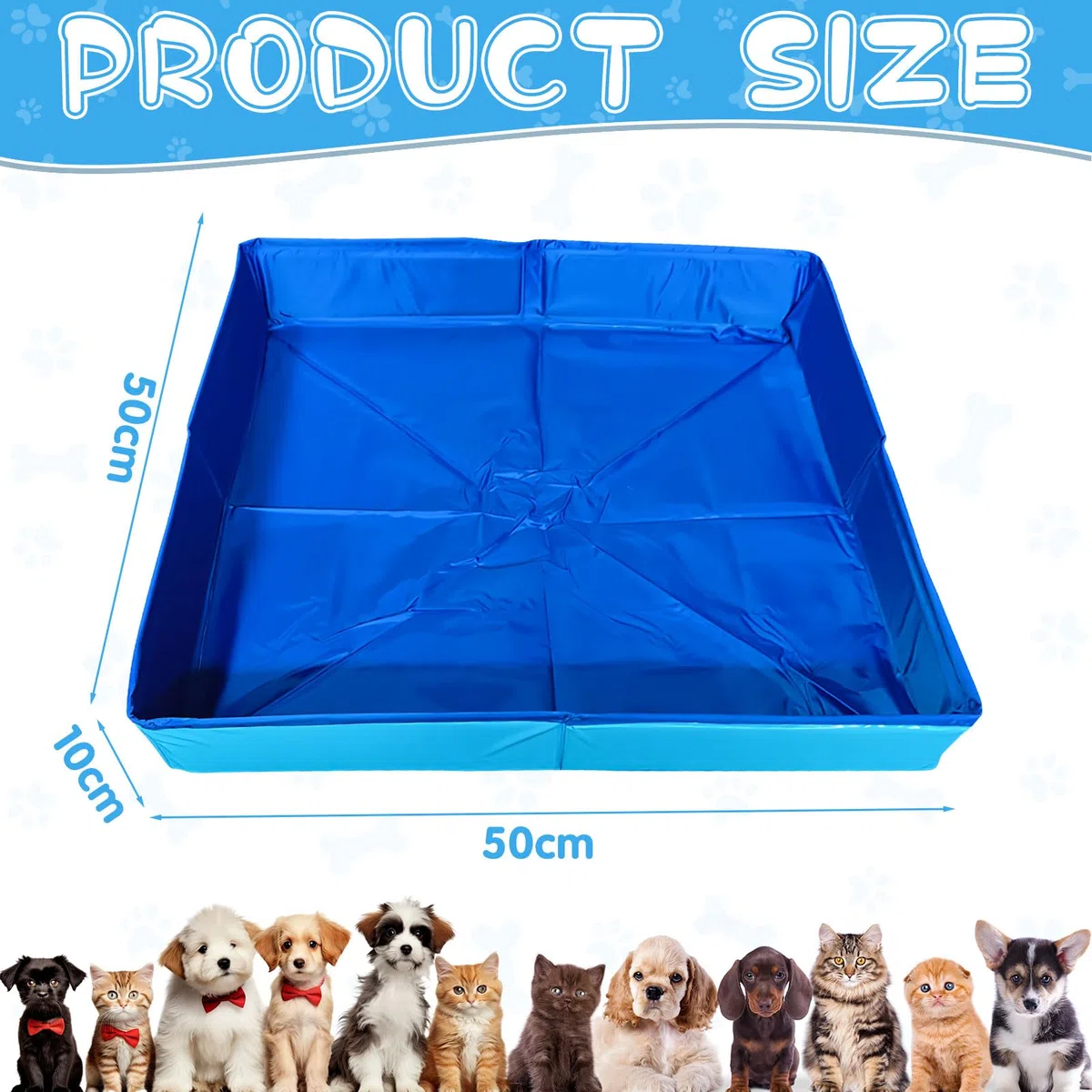Piscina pieghevole per gatti e cani di piccola taglia, 50 x 50 x 10 cm, con 6 giocattoli per pesci, mini piscina per bambini, piccola piscina estiva per gatti, animali domestici (blu)