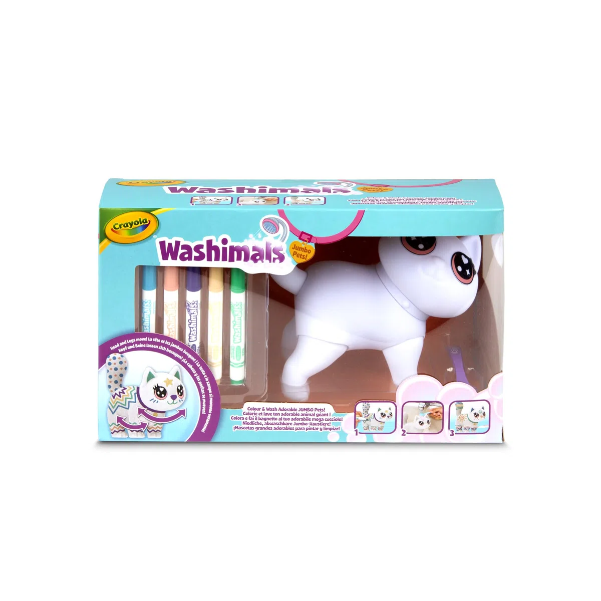 CRAYOLA Washimals Jumbo Pets - Big Jenny, la Grande gattina da Colorare Lavare e Ricolorare, 15 cm, Set con 5 Pennarelli Lavabili e Spazzolina, Gioco e Regalo per Bambini da 3 Anni, 74-7518