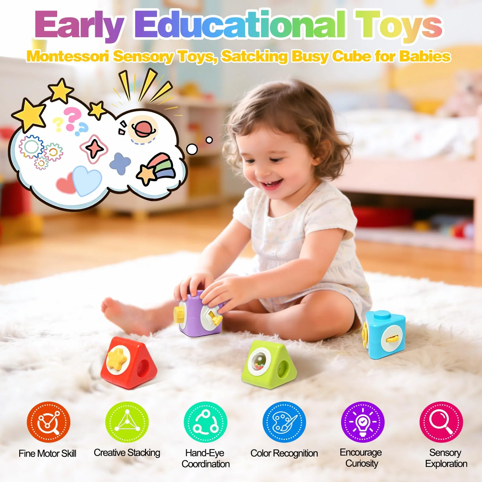 Giocattoli Montessori 1 Anno, Cubo Occupato 12 in 1 Giochi Sensoriali per Bambini 1 2 3 Anno, Giocattoli da Viaggio Giocattoli Educativi per l'apprendimento Regalo per Neonati 12-24 Mesi