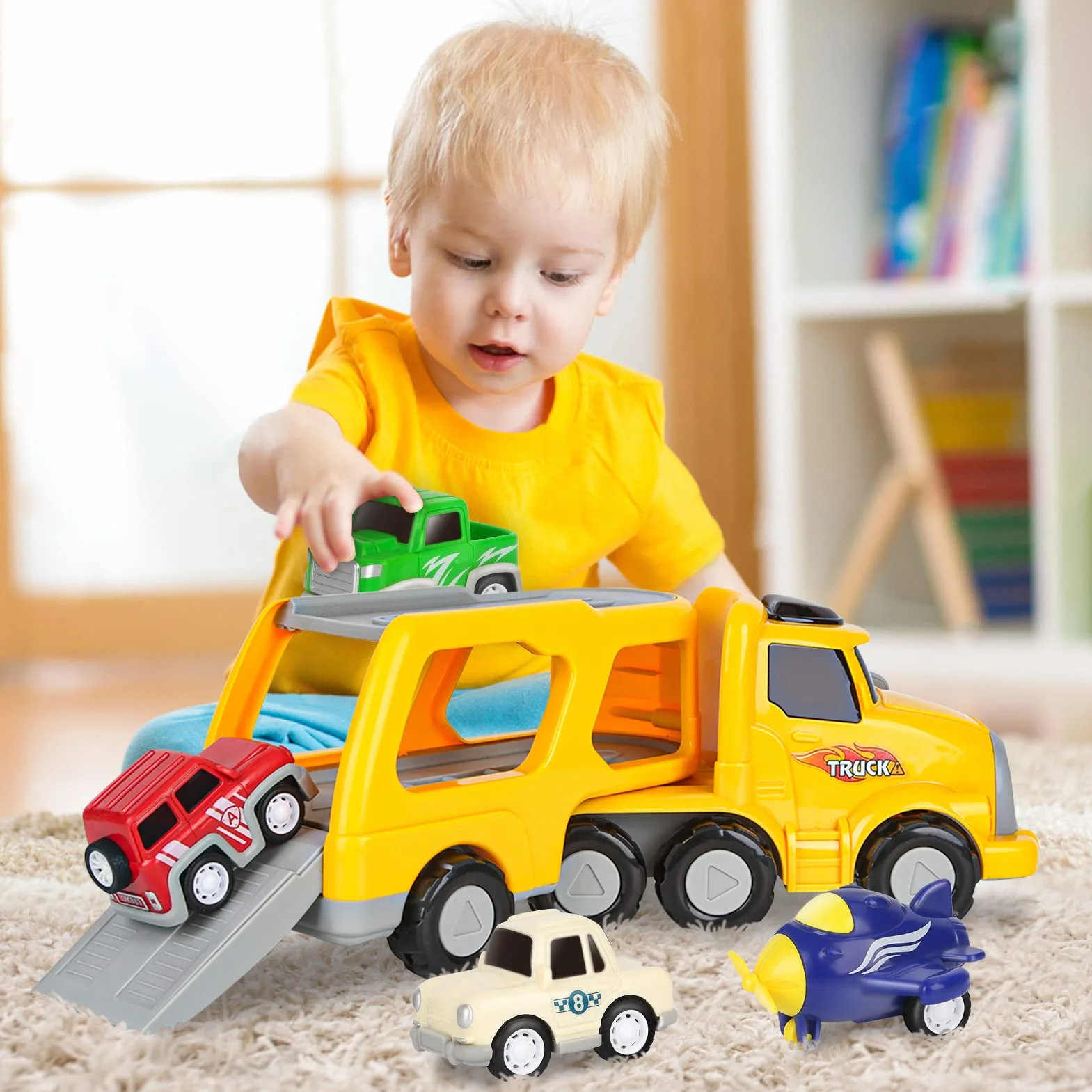 Aoskie Camion Macchinine 2 3 4 Anni, 5 in 1 con Suoni e Luci, 4 Mini Cars, Giocattolo Regalo per Bambino