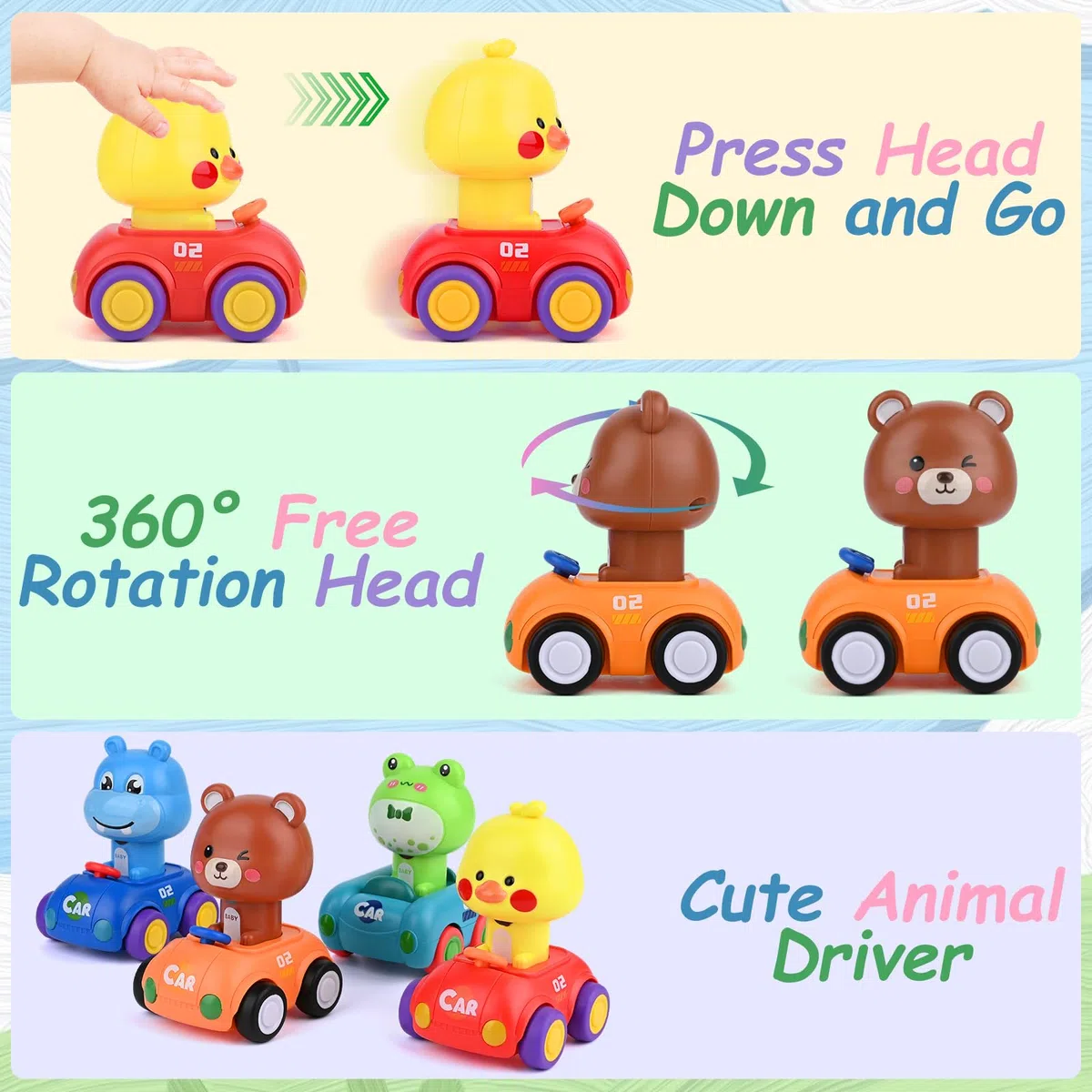 Weinsamkeit 4 Pcs Macchinine Press and Go, Macchinine Giocattolo di Animali, Giochi Macchinine per Bambini 1 Anni, Macchinine Giocattolo Inerzia per 1 2 3 Bambini e Bambine, Natale Compleanno Regalo