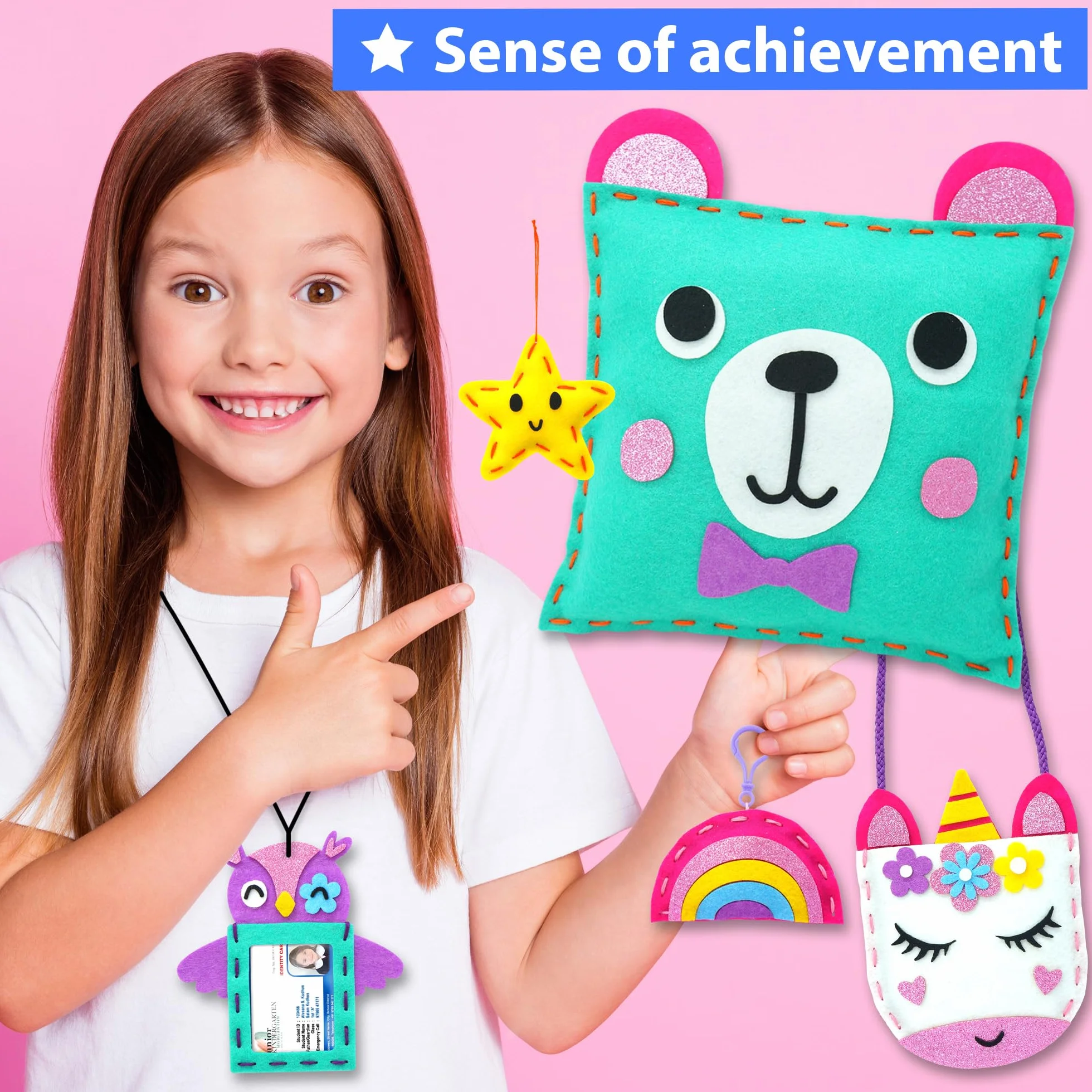 KRAFUN Kit da Cucito in Feltro per Bambini 5+ Anni, 7 Progetti Facili (Borse, Cuscini, Portachiavi), Istruzioni, Scatola Riutilizzabile, Giocattolo Educativo