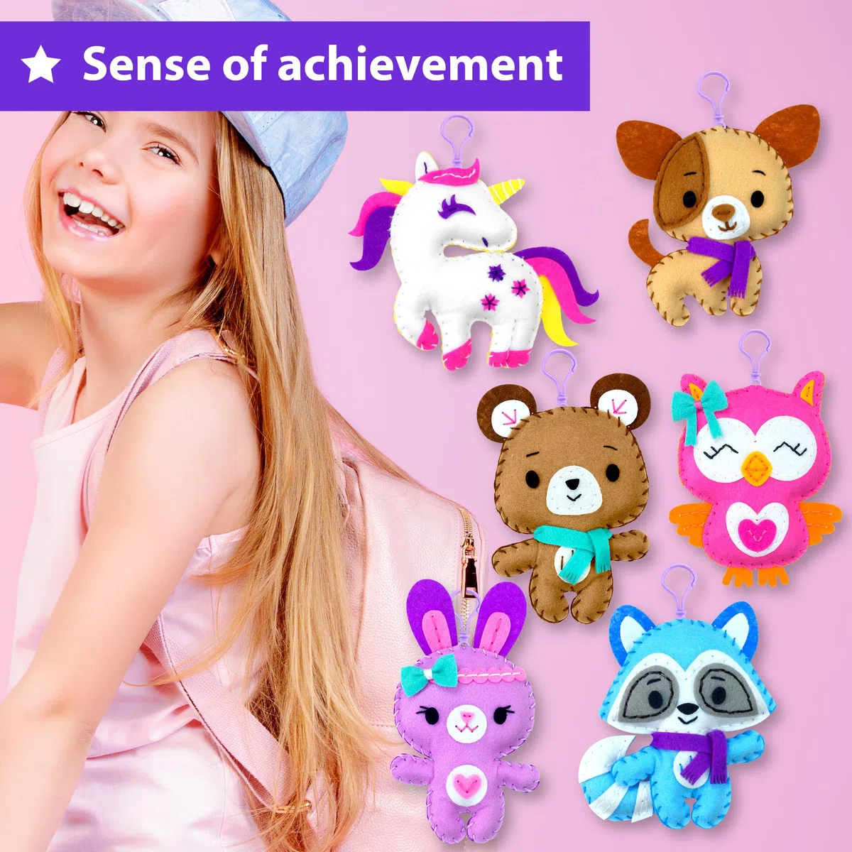 KRAFUN Kit da Cucito Portachiavi per Bambini 7+ Anni, 6 Bambole Peluche (Orsacchiotto, Unicorno, Cucciolo), Feltro, Istruzioni, Giocattolo Educativo