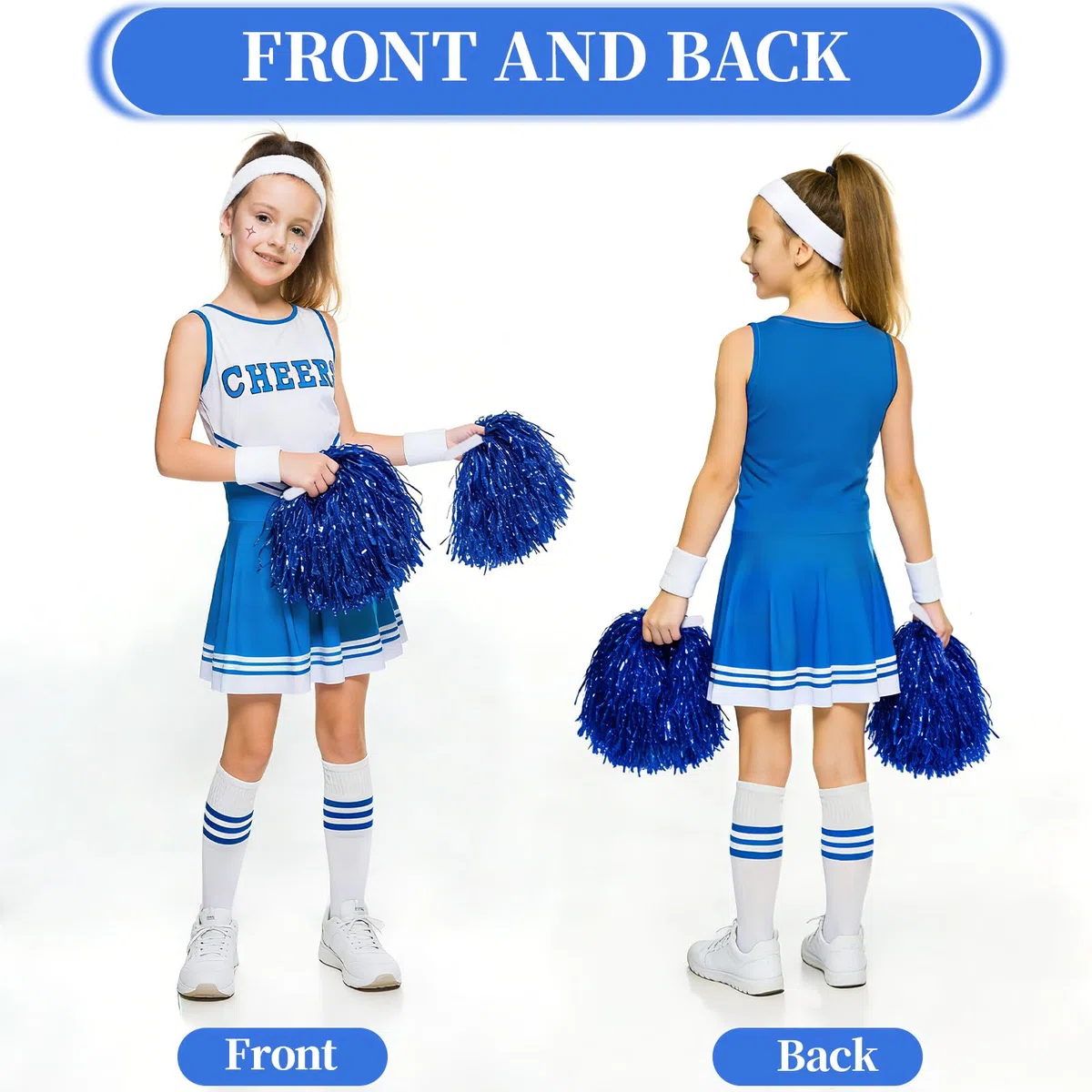 Cheerleader Costume Bambina, Vestito Cheerleader Bambina Ragazza Divise Abito, Bambini Cheerleading Outfit con Pompon Calcetines y 2 Adesivi, Carnevale Halloween Cosplay