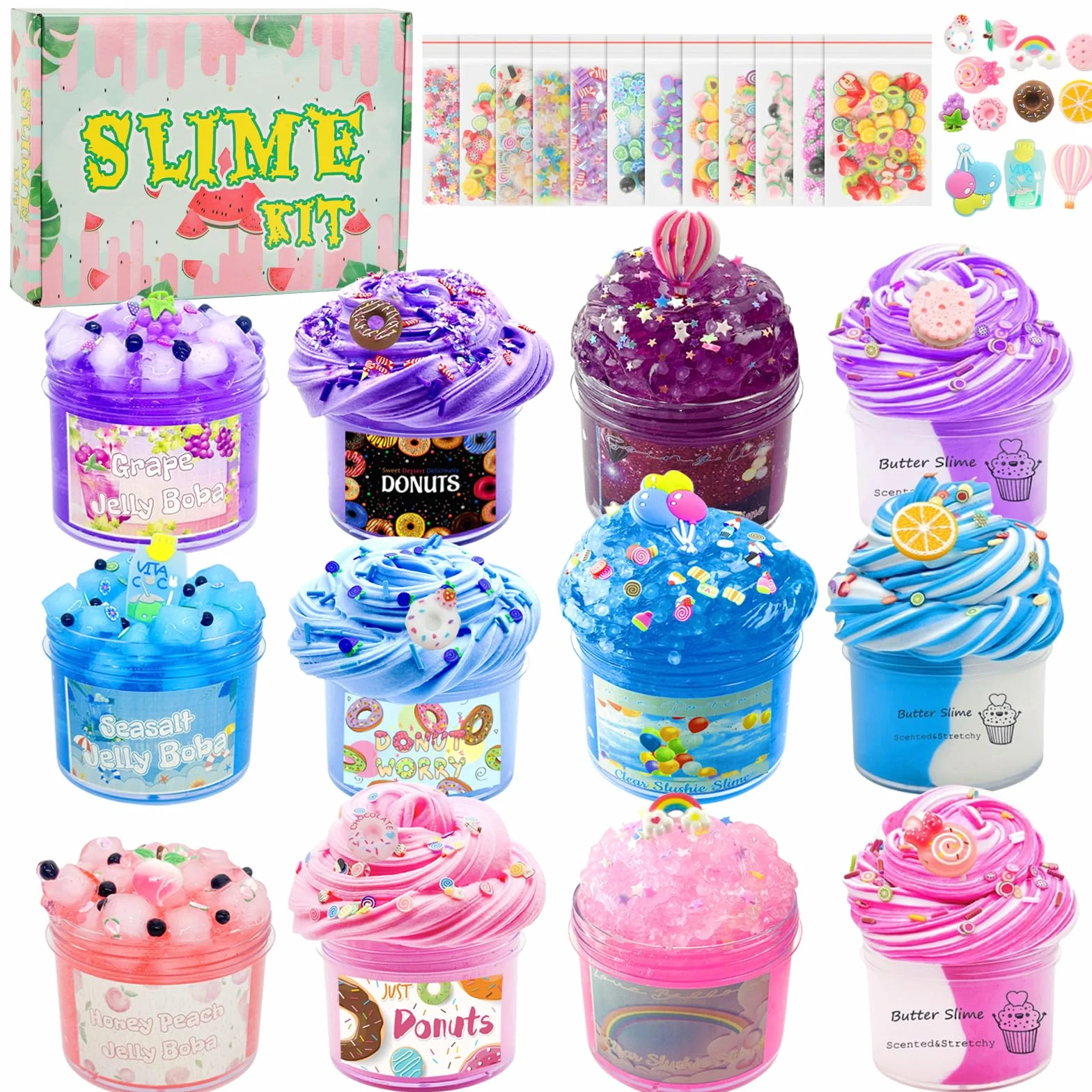 12 Pezzi 70ml Slime Kit, 12 Colori Slime per Bambini, Kit Slime Fai Da Te, Butter Slime e Clear Slime Giocattoli, Regalo di Compleanno di Natale per Ragazze e Ragazzi