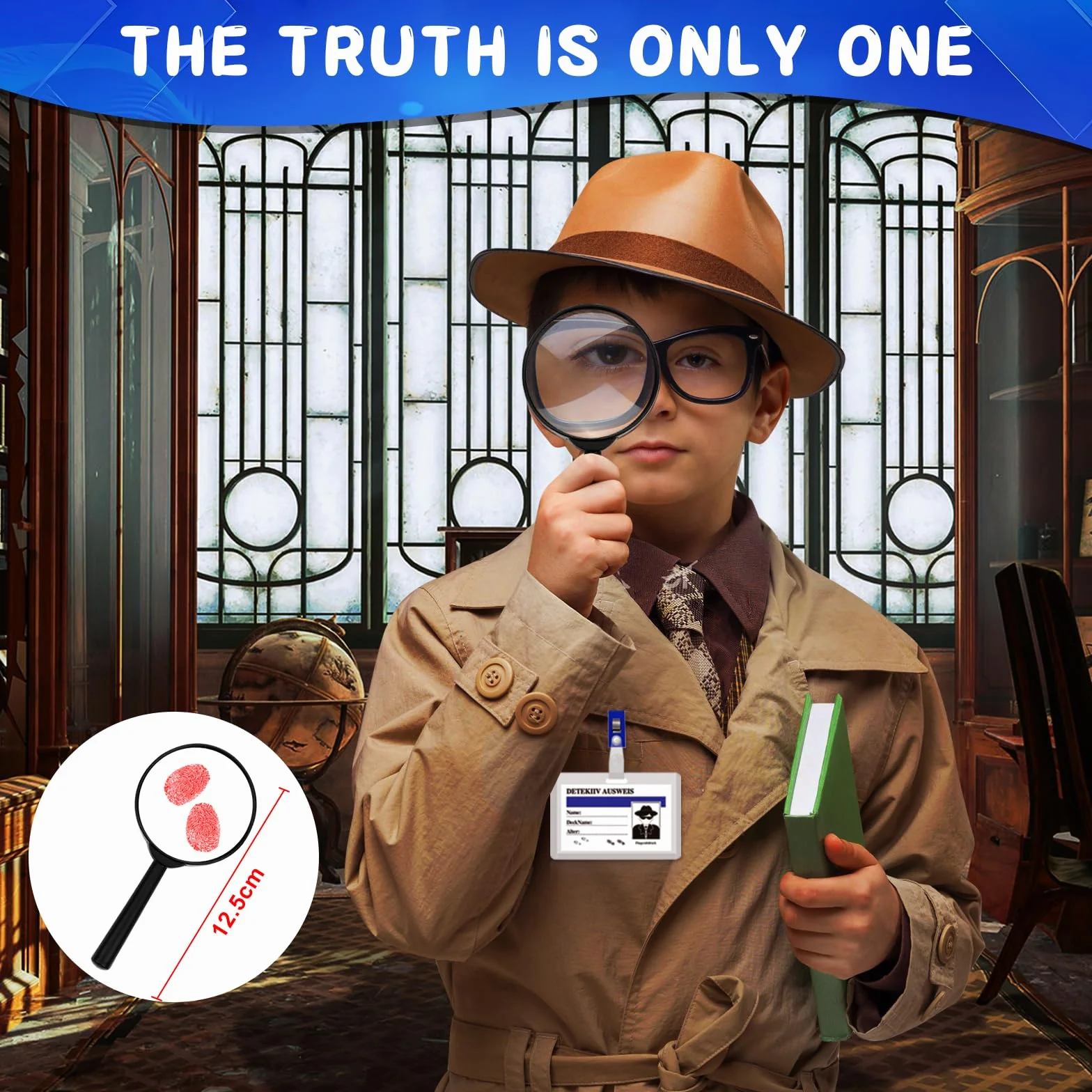 Gioco investigativo per bambini, 50 pezzi, kit spia con notebook, lente d'ingrandimento e carte d'identità detective
