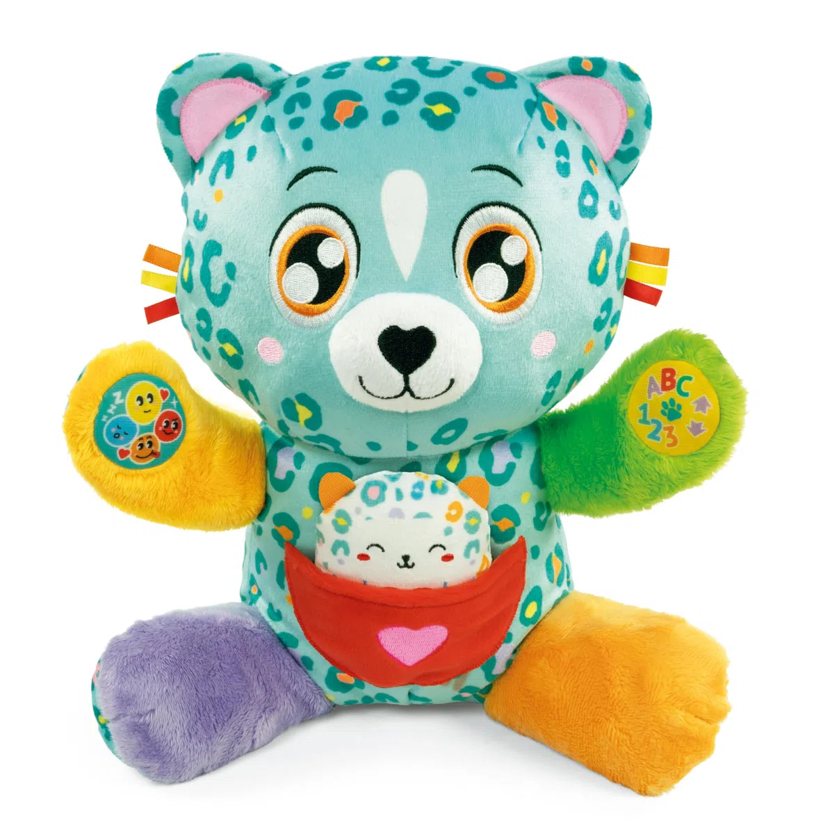 Clementoni Baby Cleo e Leo, Peluche Interattivo Parlante con Piccolo Cucciolo, per Bambini di 6+ Mesi, Centro attività Che Stimola Lo Sviluppo Emotivo, Sensoriale e Cognitivo, Lingua Italiana, 17966