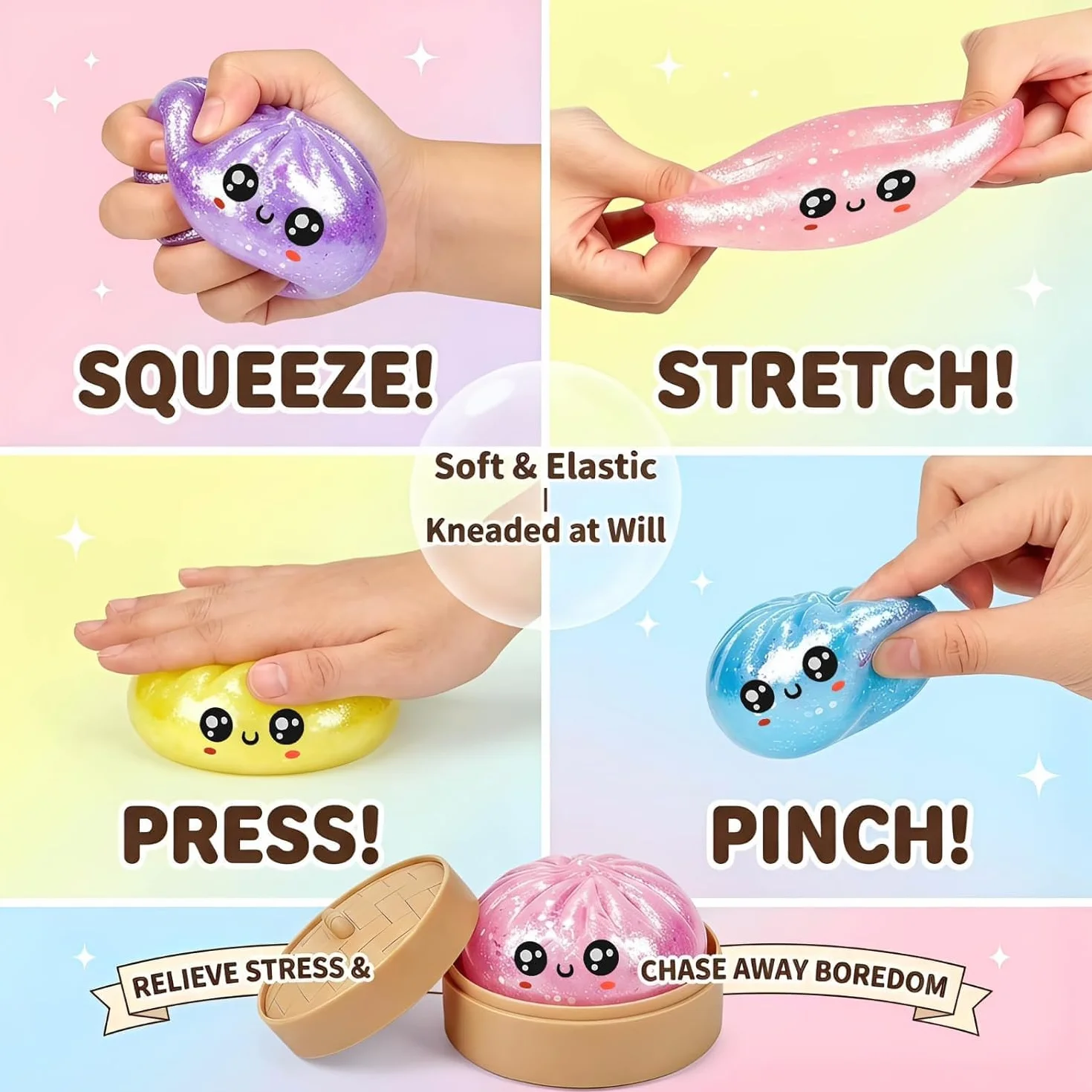 Mystery Squishy Dumplings 2 Pacchi Giganti con Glitter e Vaporiera – Giocattoli Sensoriali Soft Slow-Rise, Regalo Antistress, Idea Divertente per Bambini e Collezionisti, senza duplicati