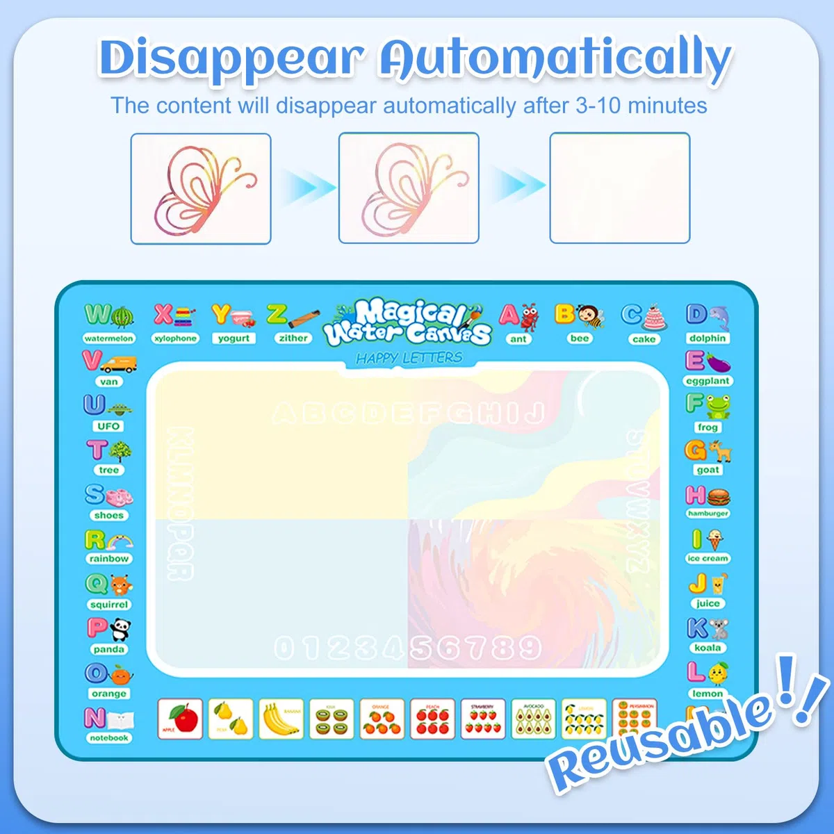 Tappeto Magico Bambini,100x80cm Doodle Tappeto Magico,Tappetino Doodle da Disegno ad Acqua Con Accessori,Tappetos Gioco Bambini,Riutilizzabile Senza Macchie,Giochi Educativi 3 Anni+