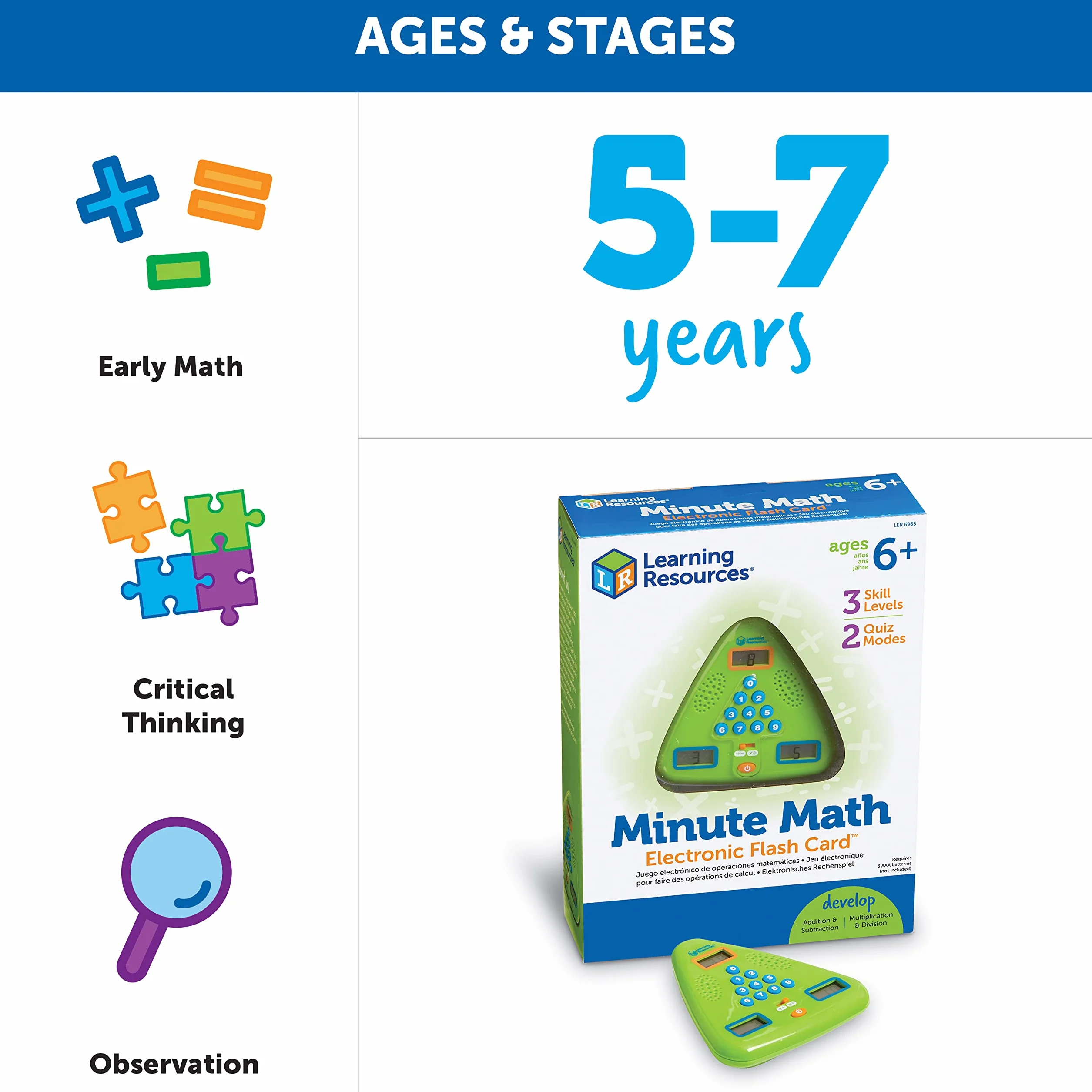 Learning Resources Flash Card Elettronica Minute Math, Dai 6 Anni, Gioco di Matematica Portatile, Addizioni, Sottrazioni, Moltiplicazioni e Divisioni, Allenamento Mentale in 60 Secondi