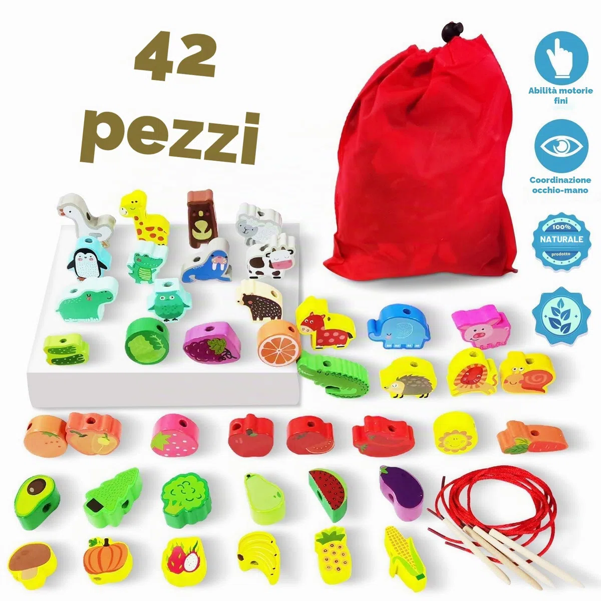 Giocattolo in Legno Fädelspiel Montessori Giocattolo Motorio 42 Pezzi Perline in Legno Frutta Animali Giochi Regalo per Ragazzi e Ragazze Giocattolo per Bambini a partire da 3 Anni