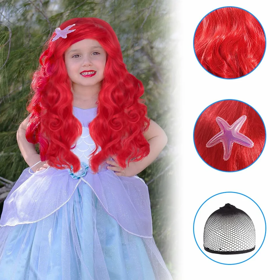 Parrucca per bambini a forma di sirena, parrucca Arielle, accessorio per costume per bambini, rossa, per carnevale, feste a tema, cosplay