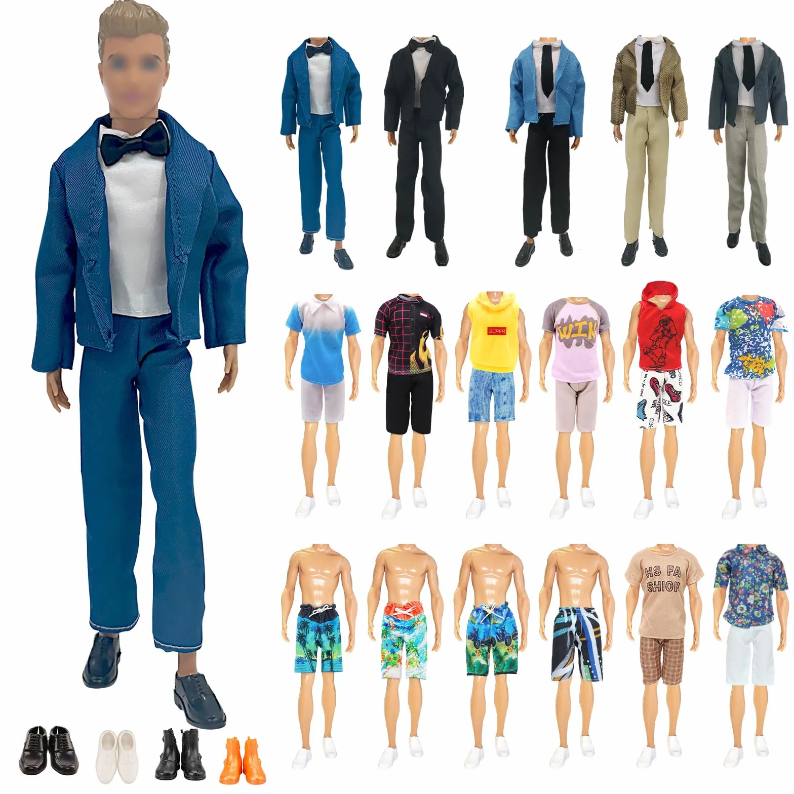 12 pezzi vestiti e accessori per bambola 2 set completo 2 maniche corte 2 pantaloncini 2 pantaloncini da bagno 4 scarpe, abito alla moda abiti casual per bambole Boy da 30,5 cm, regalo