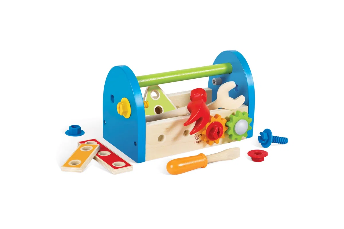 Hape Cassetta degli Attrezzi | In legno, con maniglia e utensili realistici | Giocattolo per bambini dai 3 anni