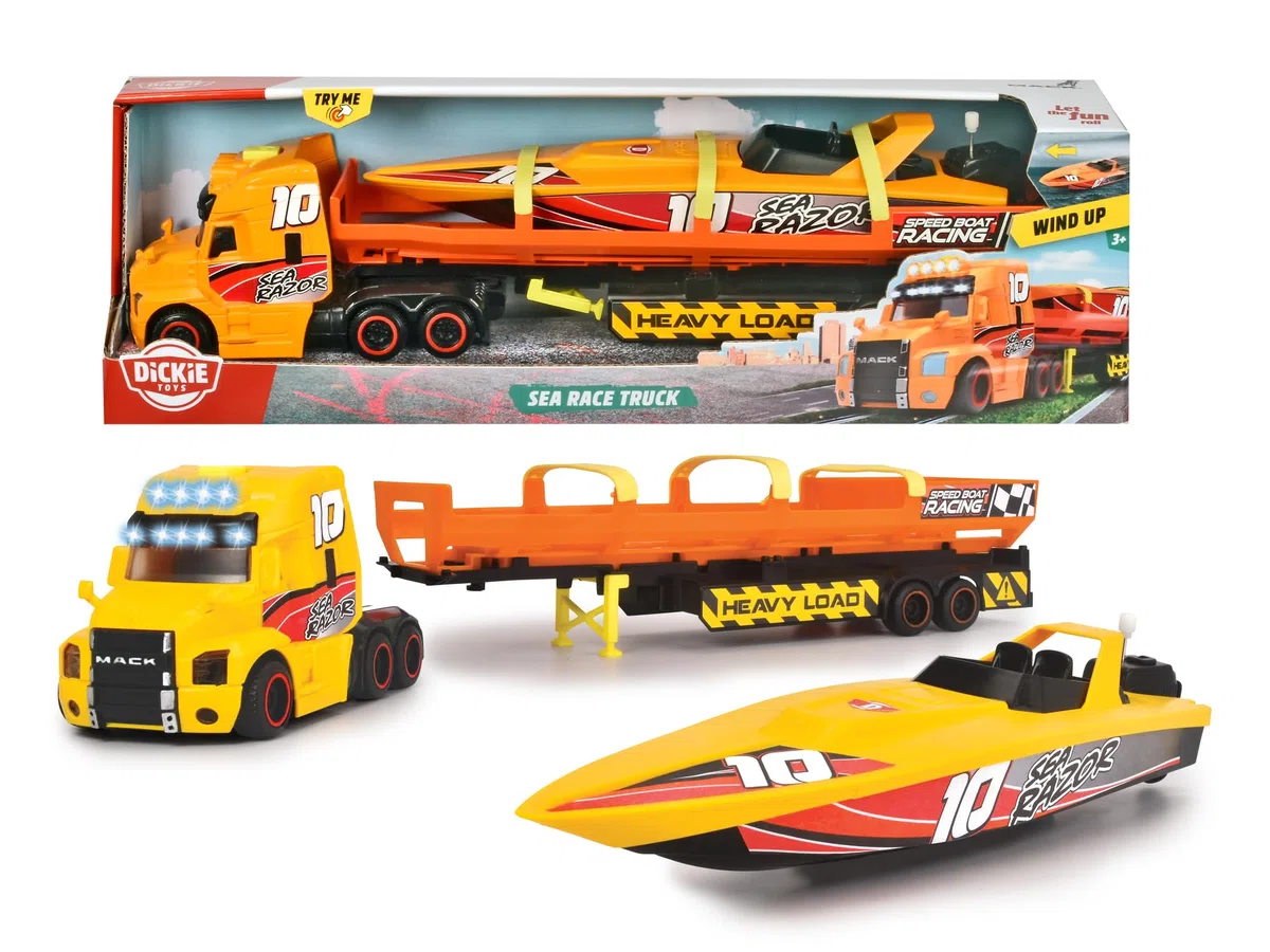 Dickie City Sea Race Mack Truck 40 cm, Parti apribili, Luci & Suoni, Incluso motoscafo con Motore a Molla, + 3 Anni, 203747009
