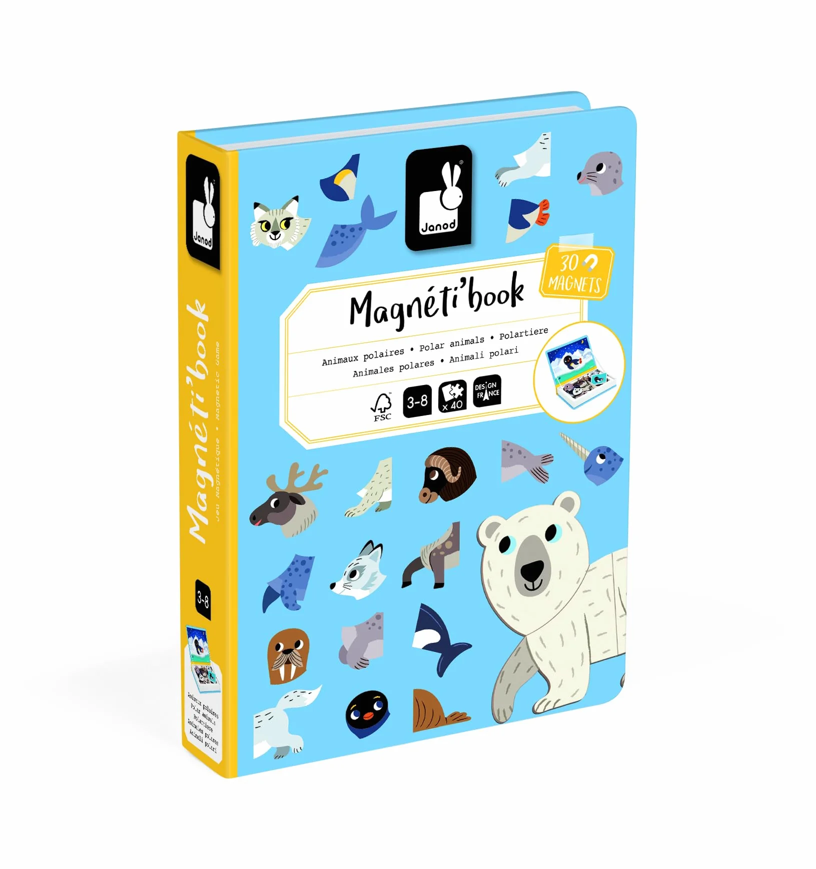 Janod - Magnéti'book Animali Polari - Gioco Educativo Magnetico 30 Calamite + 10 Modelli - Giocattolo per Bambini in Cartone FSC - Sviluppa Le Abilità Fino-Motorie e l'Immaginazione - dai 3 Anni