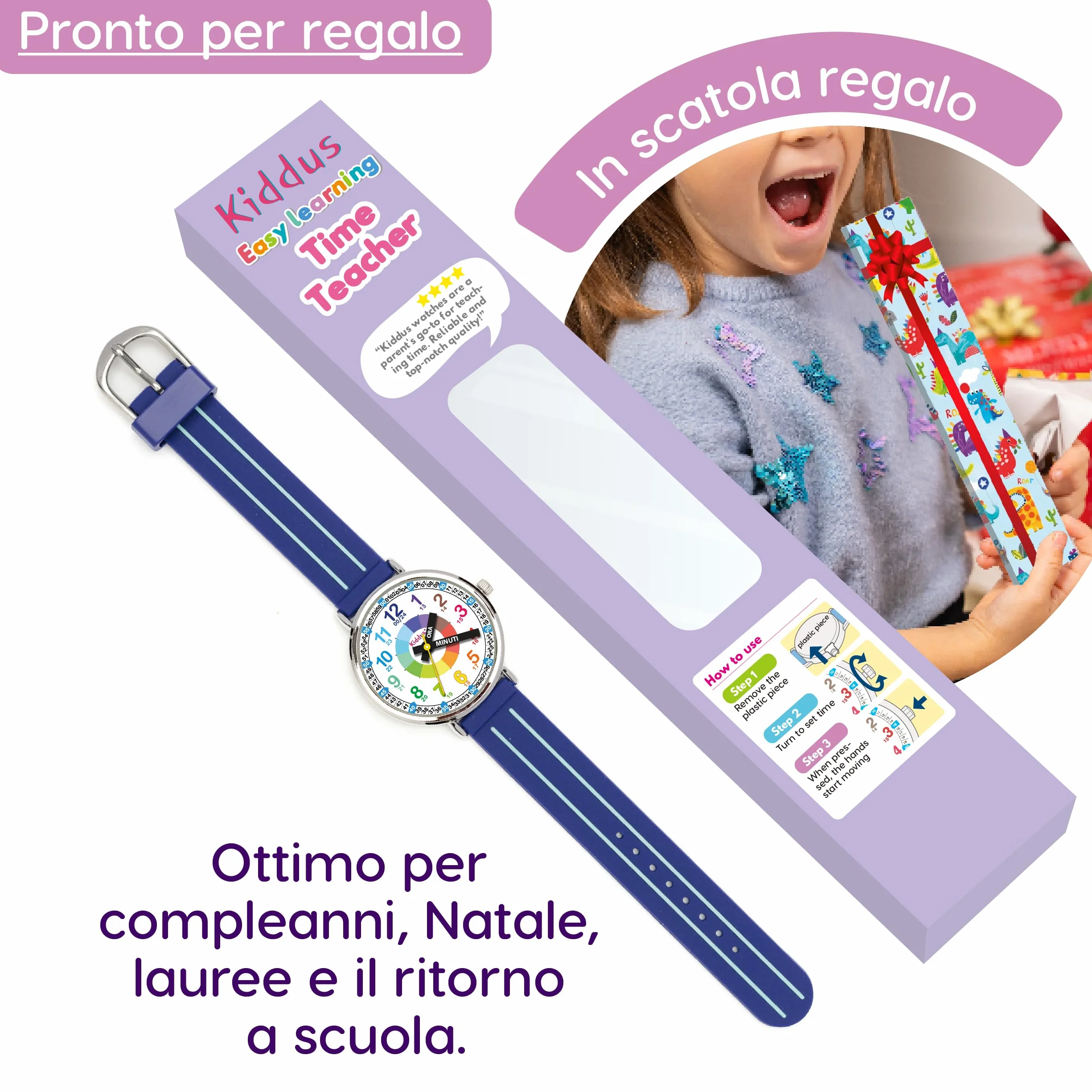 Kiddus Orologio Educativo per Bambino e Bambina dai 5 ai 10 Anni, Impermeabile 5ATM, Orologio Analogico Didattico per Imparare l'Ora, Movimento Giapponese