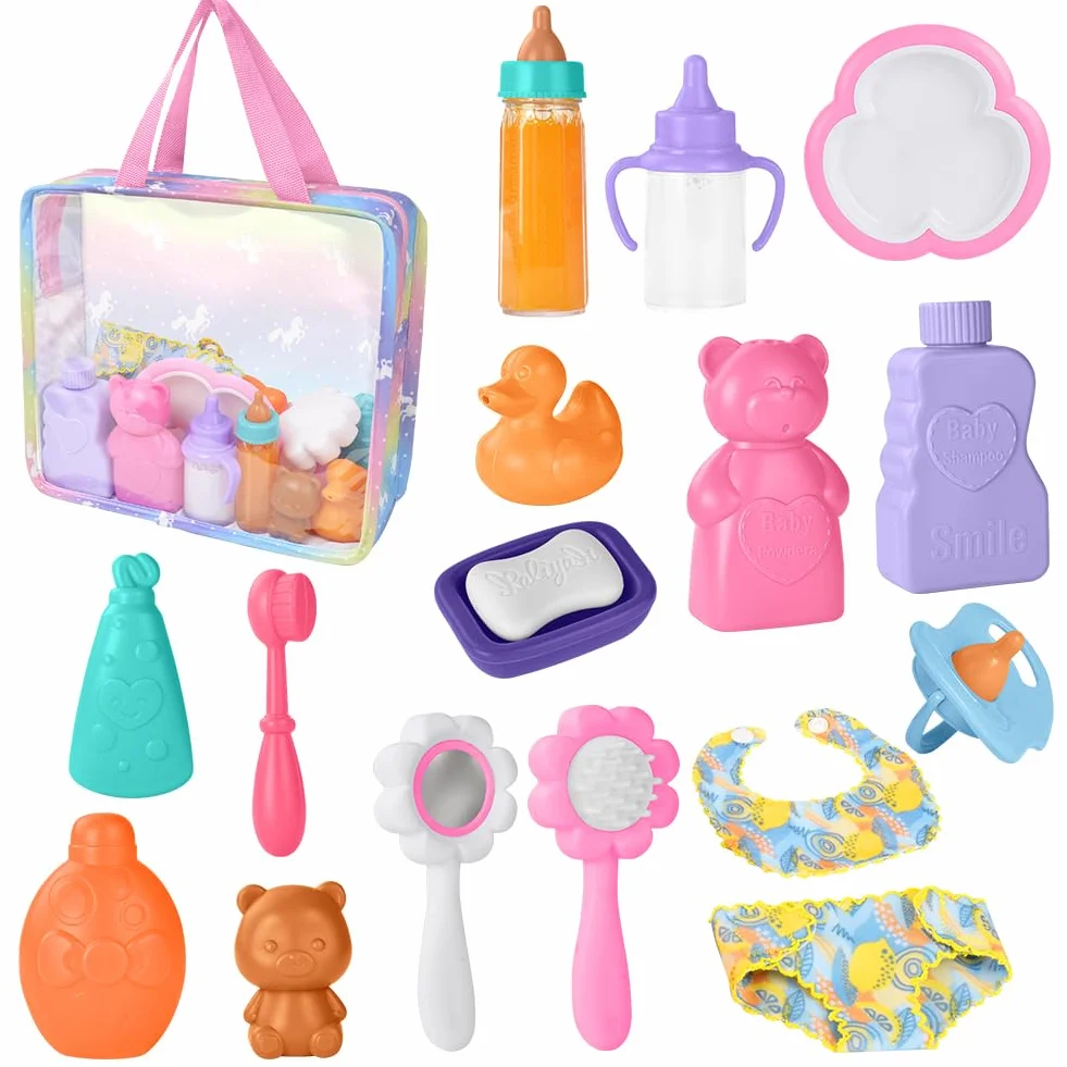 Aolso 18PZ Accessori per Bambole, Biberon Magico per Bambini e Ciucci, Set di Piatti e Posate per Bambole, Set Accessori Bagno per Bambola, dal Momento della Pappa a Quello del Bagnetto, Idee Regalo