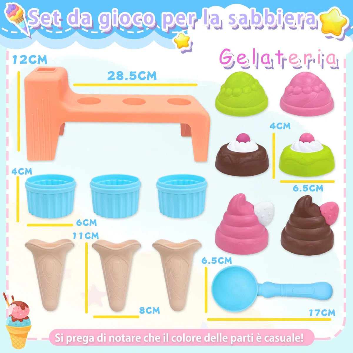 VBACALA Set Spiaggia per Bambini 15 Pezzi,Giocattolo Spiaggias di Gelato Completo con Pala,Gelato Stampo,Cono Torta Giocattolo Spiaggia, Giocattoli Bambini 3+ Anni