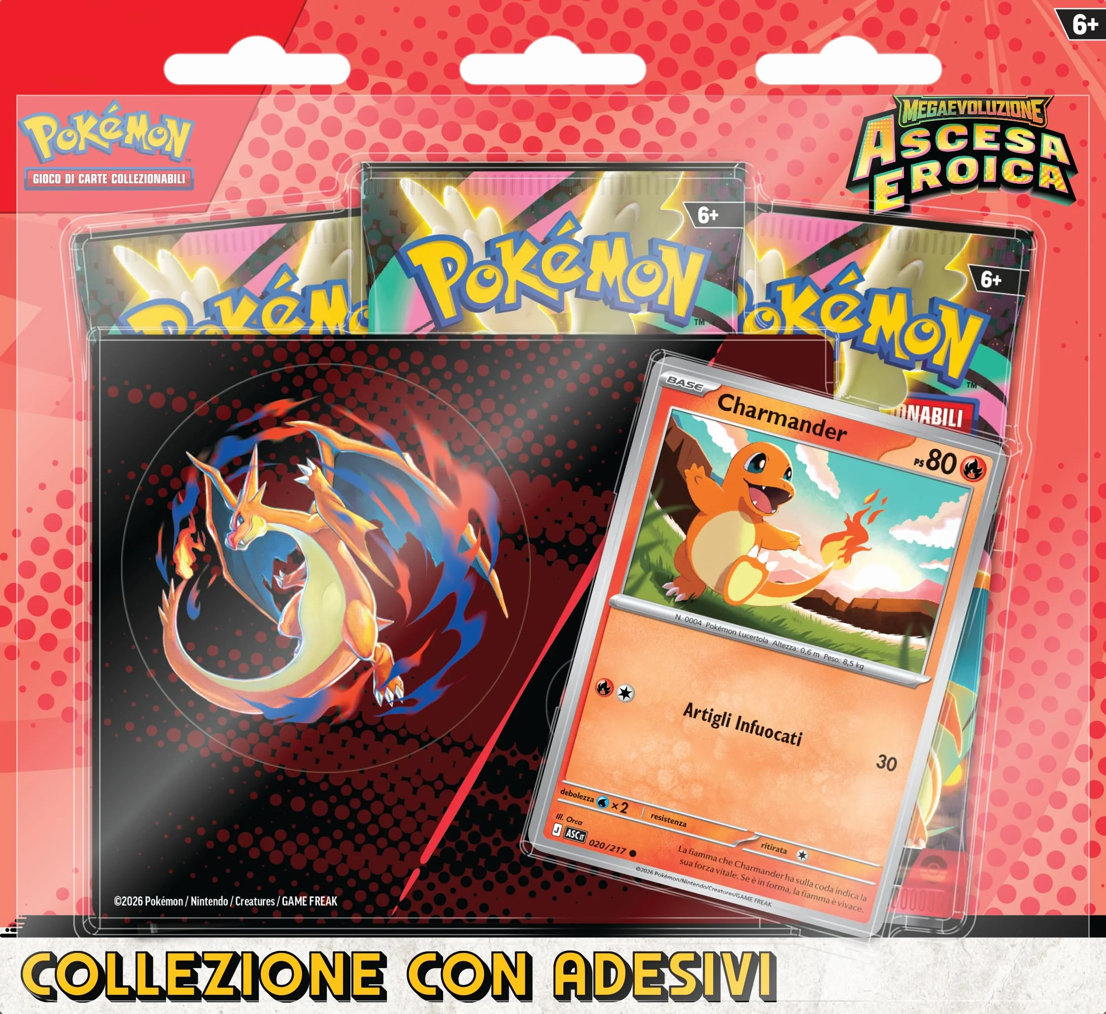 Pokémon: collezione con adesivi (Charmander) dell’espansione Scarlatto e Violetto - Ascesa Eroica del GCC Pokémon (una carta promozionale olografica e tre buste di espansione), Edizione in Italiano