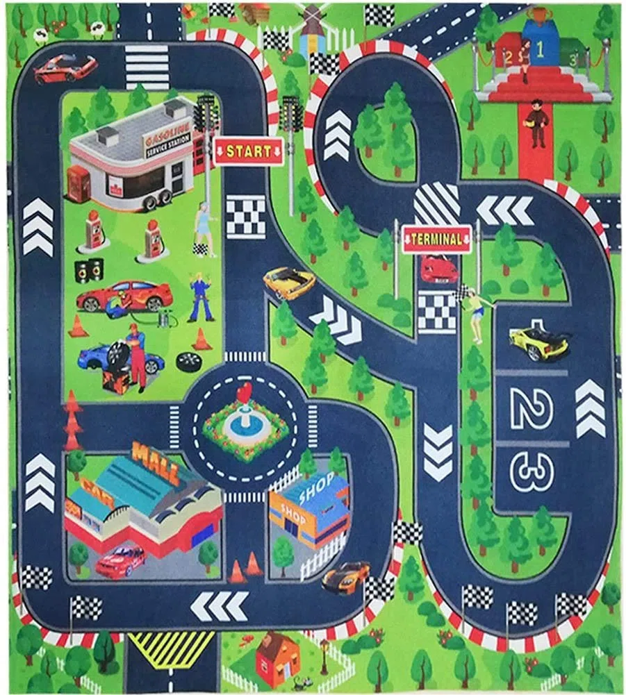 Tappetino educativo da gioco per bambini con una pista per le macchinine disegnata, ideale come regalo per far giocare i bambini in modo sicuro durante un viaggio, in spazi interni o esterni