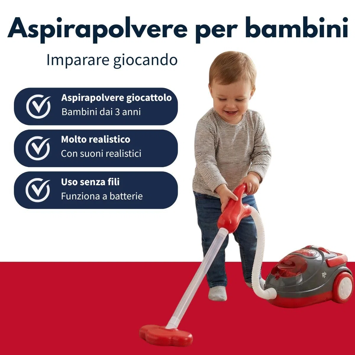 Dirt Devil Aspirapolvere Giocattolo con Tubo Flessibile - con Effetti Sonori e Particelle Rotanti - Giocattolo senza Fili per Bambini dai 3 anni - 88 x 15 x 12,5 cm - Rosso/Grigio