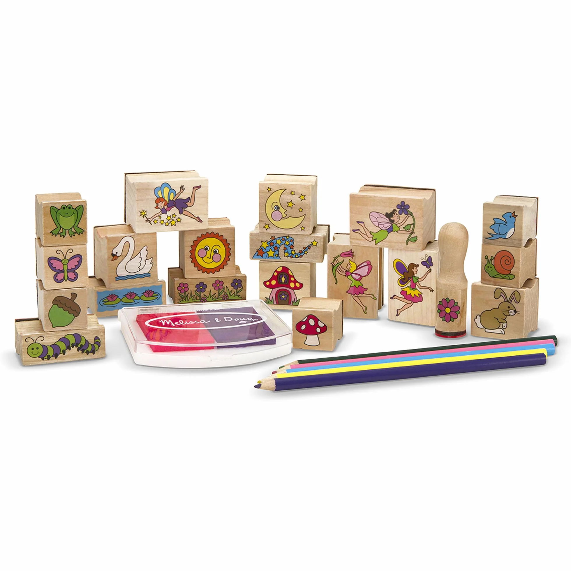 Melissa & Doug Timbri Creativi Giardino delle Fate – Set in Legno con 9 Timbri, Inchiostro Lavabile a Due Colori e Matite Colorate, Lavoretti Manuali, Regalo per Bambini e Bambine, 4+ Anni