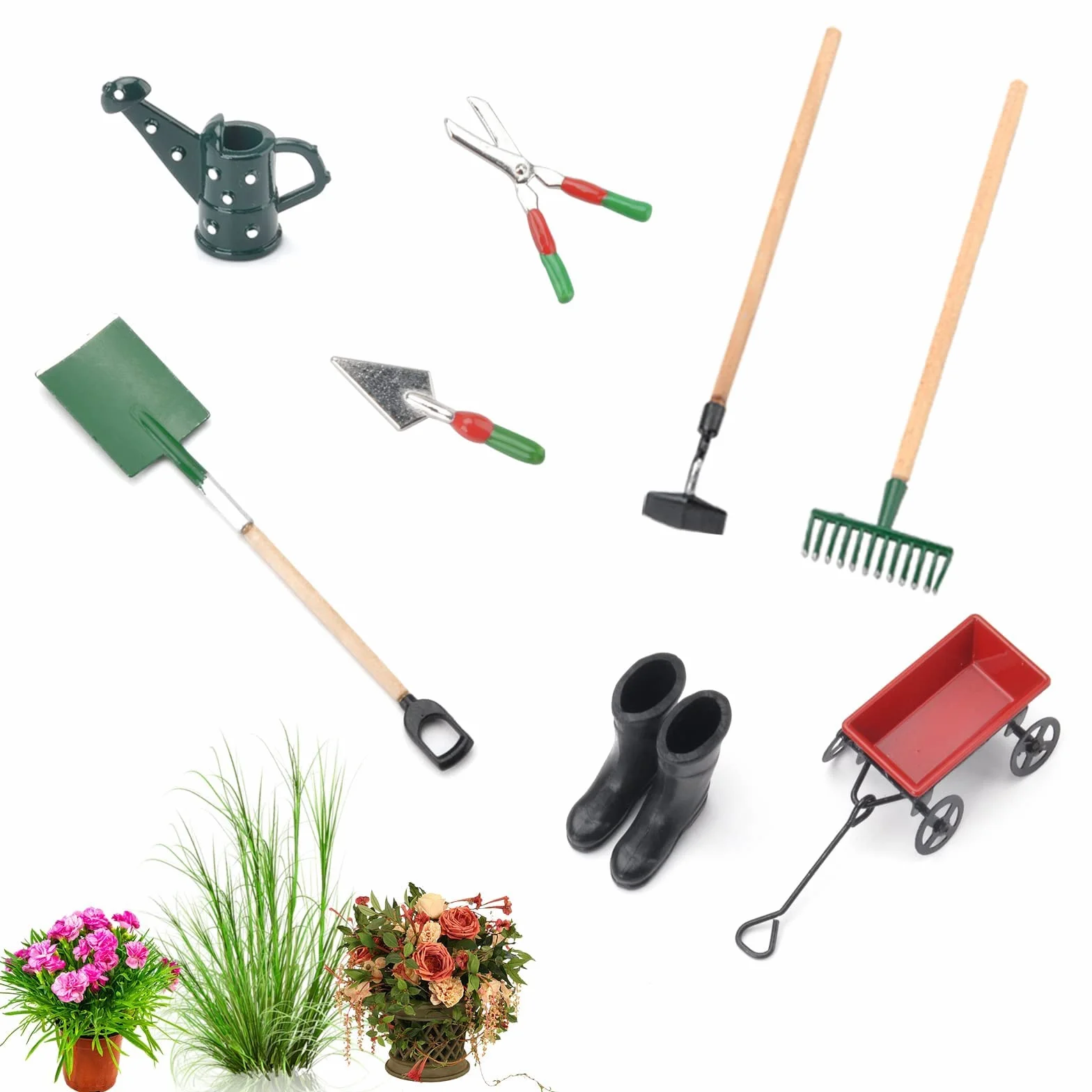 Set di 8 mini casa delle bambole in miniatura, attrezzi da giardino, stivali di gomma, annaffiatoio, vanga, pestello, rastrello, carrello, bollitore, forbici, brividi, mini ornamento da giardino