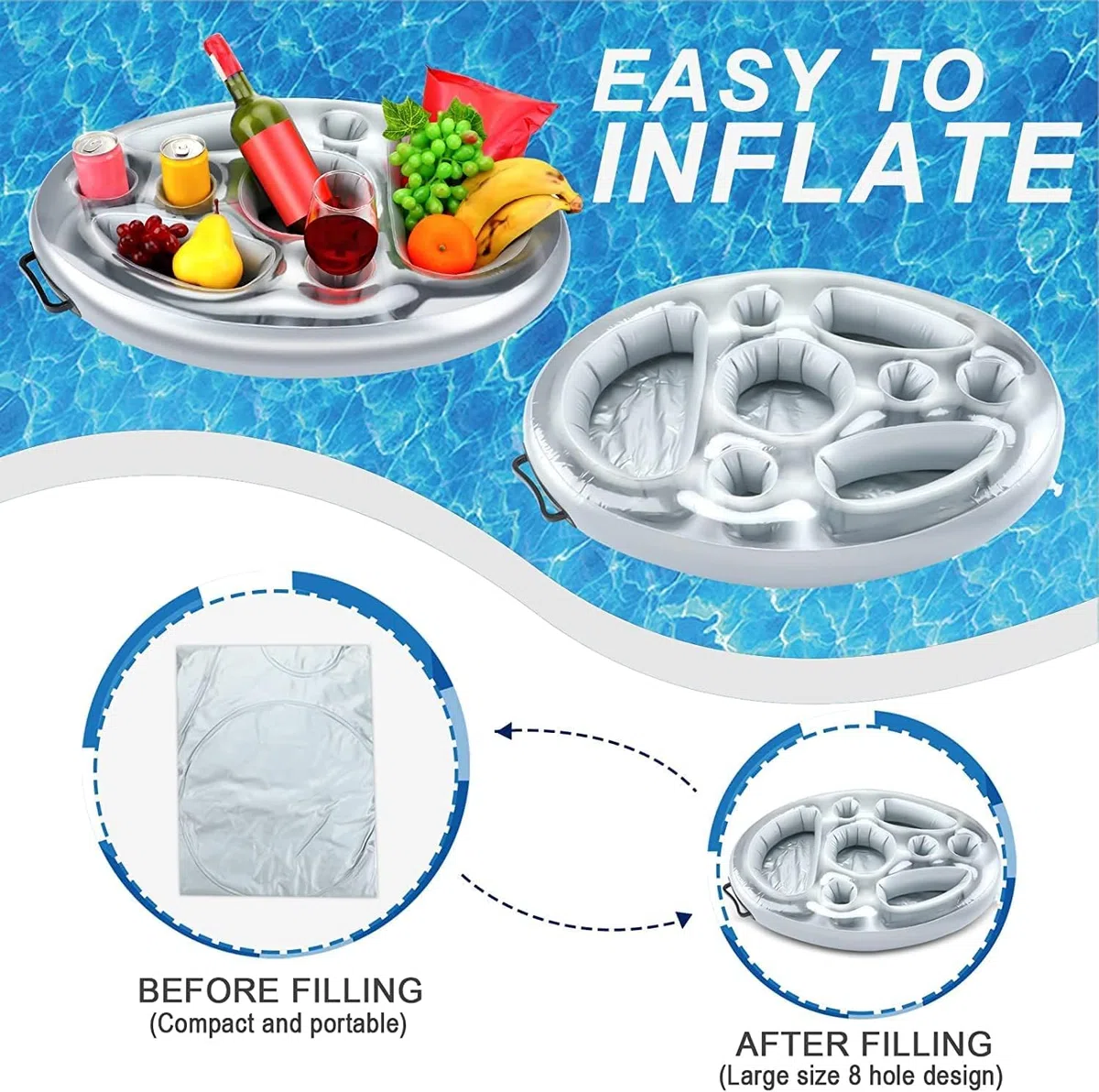 Portabevande Gonfiabile 2 in 1 con 8 Fori, Vassoio Galleggiante Grande Capacità, Bar Piscina Gonfiabile per Accessoire Piscina, Bouee Piscina, Spa Gonfiabile