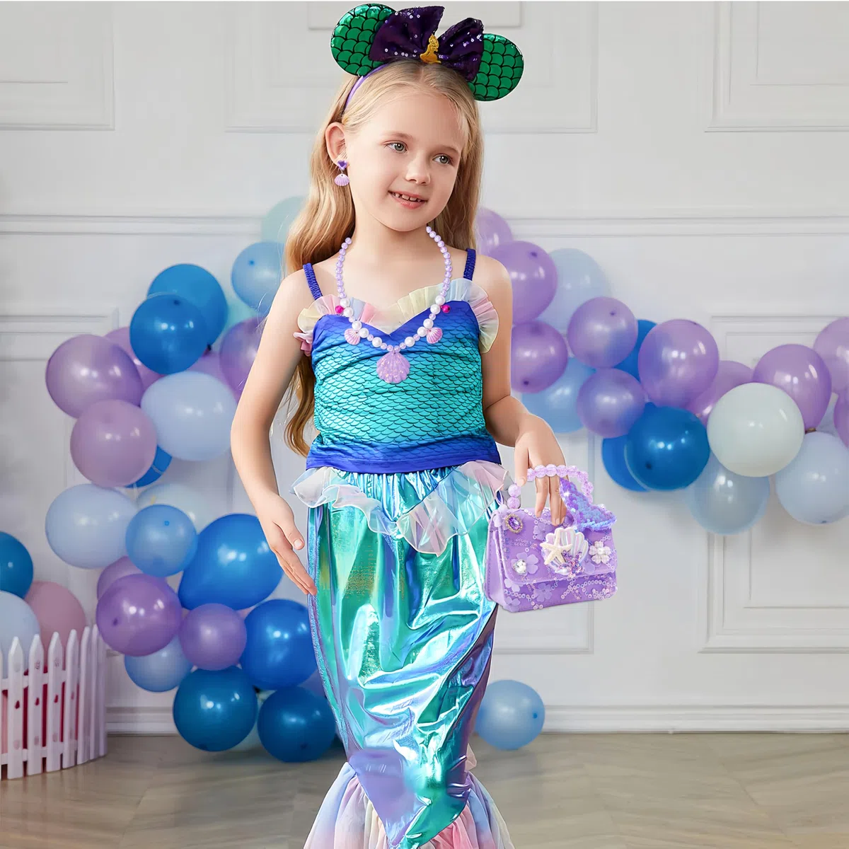 Borsa a Tracolla per Ragazze Tema Della Sirena Principessa Borsa Pochette con Il Set di Gioielli da Vestire Graziosa Piccola Portafoglio Collana Bracciale Orecchini Anelli per le Bambine, 3-7 Anni