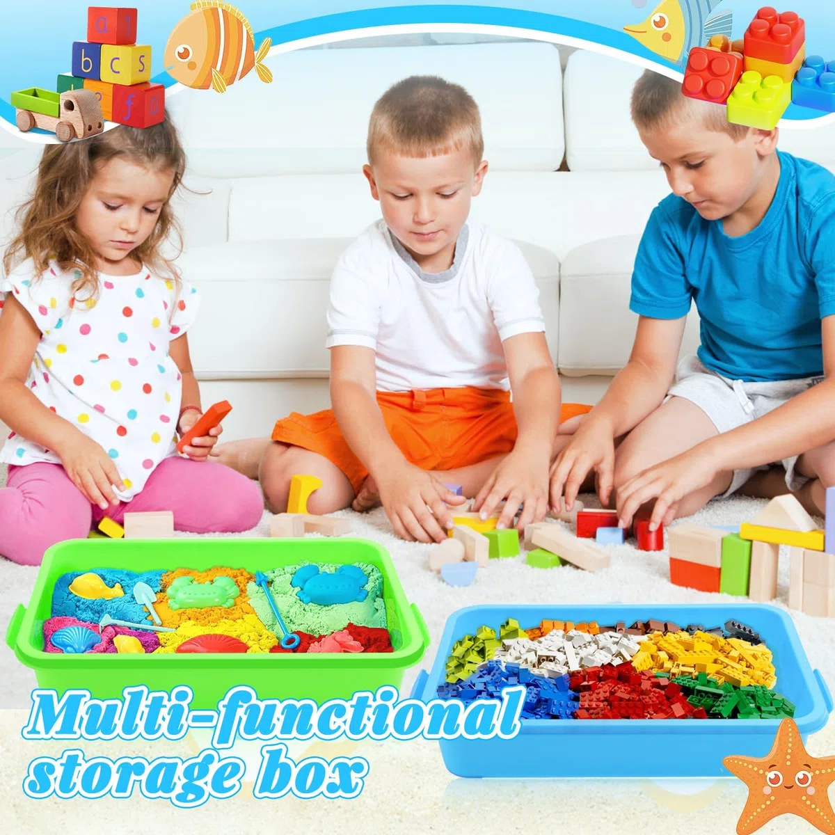 Sandbox con coperchio Sensory Bin con coperchio per bambini, vassoio in plastica, copertura per sandbox Sensory Sandbox contenitore per acqua, sabbia, perle e altro (verde e blu)