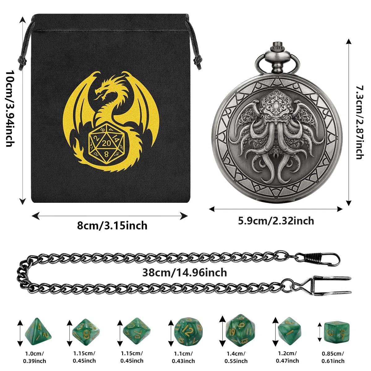 Polpo con ali, grande cassa per orologio da taschino, set di 7 dadi poliedrici in acrilico poliedrico, sacchetto regalo DND con logo del drago, accessori per giochi di ruolo, argento scuro + verde