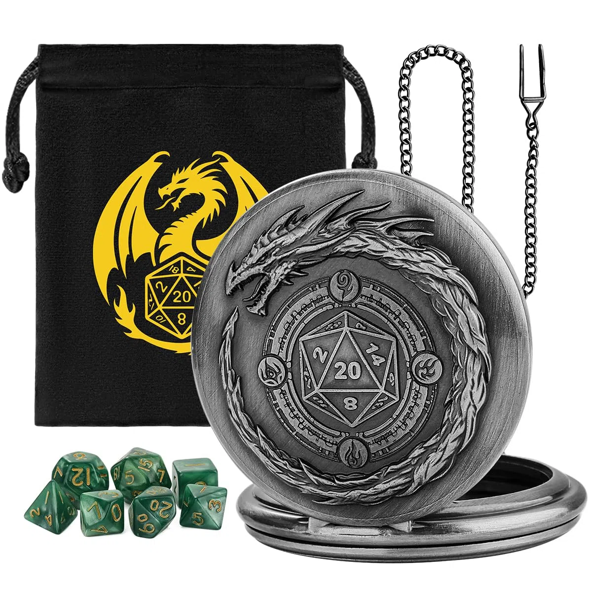 D&D - Set di 7 dadi poliedrici in acrilico poliedrico, con logo del drago, accessori per giochi di ruolo, colore argento scuro e verde