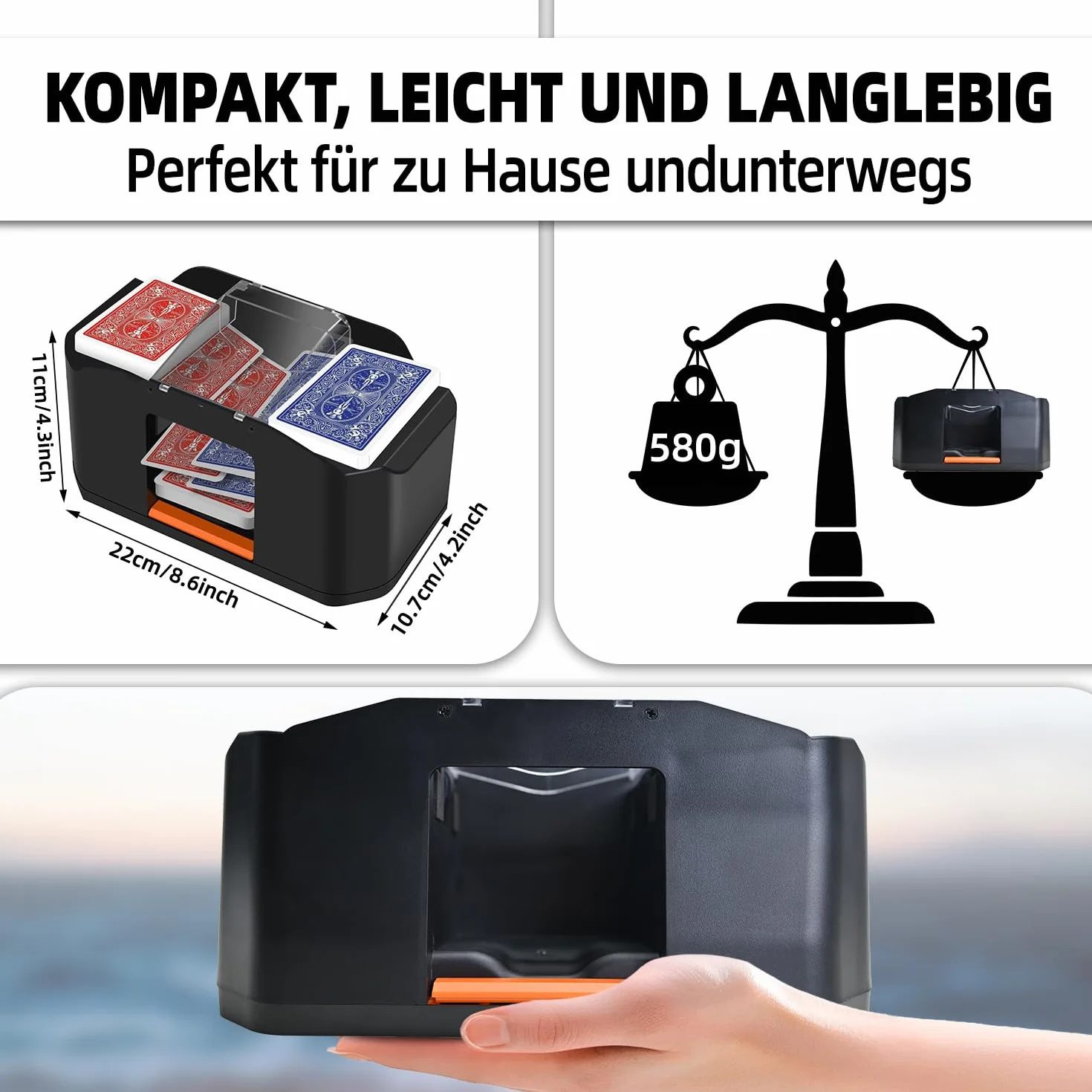 Mescolatore automatico di carte – Silenzioso e con batteria da 2000 mAh – Mescola 2 mazzi di carte – Compatibile con Poker, Bridge, Rommé, Skat