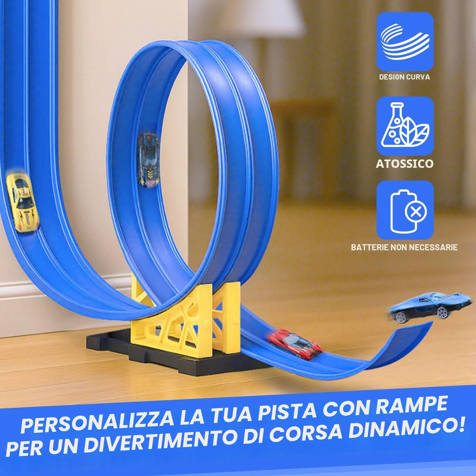Dreamon Piste Macchinine per Bambini 3 4 5 6 7 Anni 5 Metri Pista Flessibile Macchinine con 4 Macchinine 2 Rampe 1 Borsa Portaoggetti 4 Ventose Regalo per Bambino e Bambine
