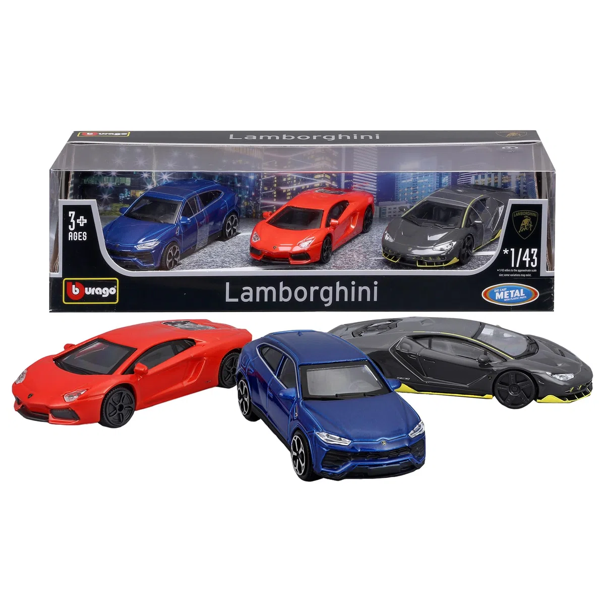 Bburago - Gift Pack 3 Auto Lamborghini 1:43, Set Modellini Diecast con Licenza Ufficiale, Centenario, Aventador, Urus, Countach, Veicoli Collezionabili in Scala, Età Consigliata 36+ Mesi
