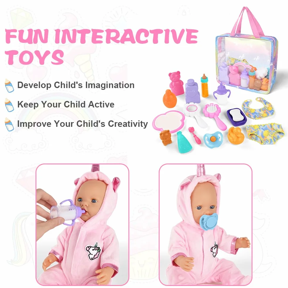 Aolso 18PZ Accessori per Bambole, Biberon Magico per Bambini e Ciucci, Set di Piatti e Posate per Bambole, Set Accessori Bagno per Bambola, dal Momento della Pappa a Quello del Bagnetto, Idee Regalo