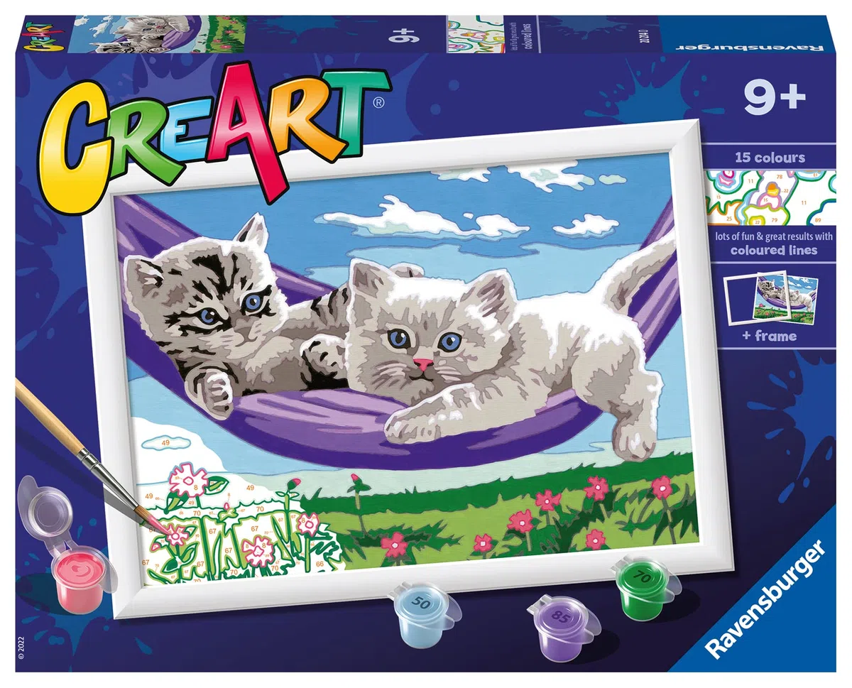 Ravensburger CreArt: Gattini sull'amaca – Dipingere con i Numeri per Bambini 9+ Anni, Kit Pittura con Tavole, Cornice, Pennello e Colori Inclusi, 25 x 18,30 cm, Idee Regalo