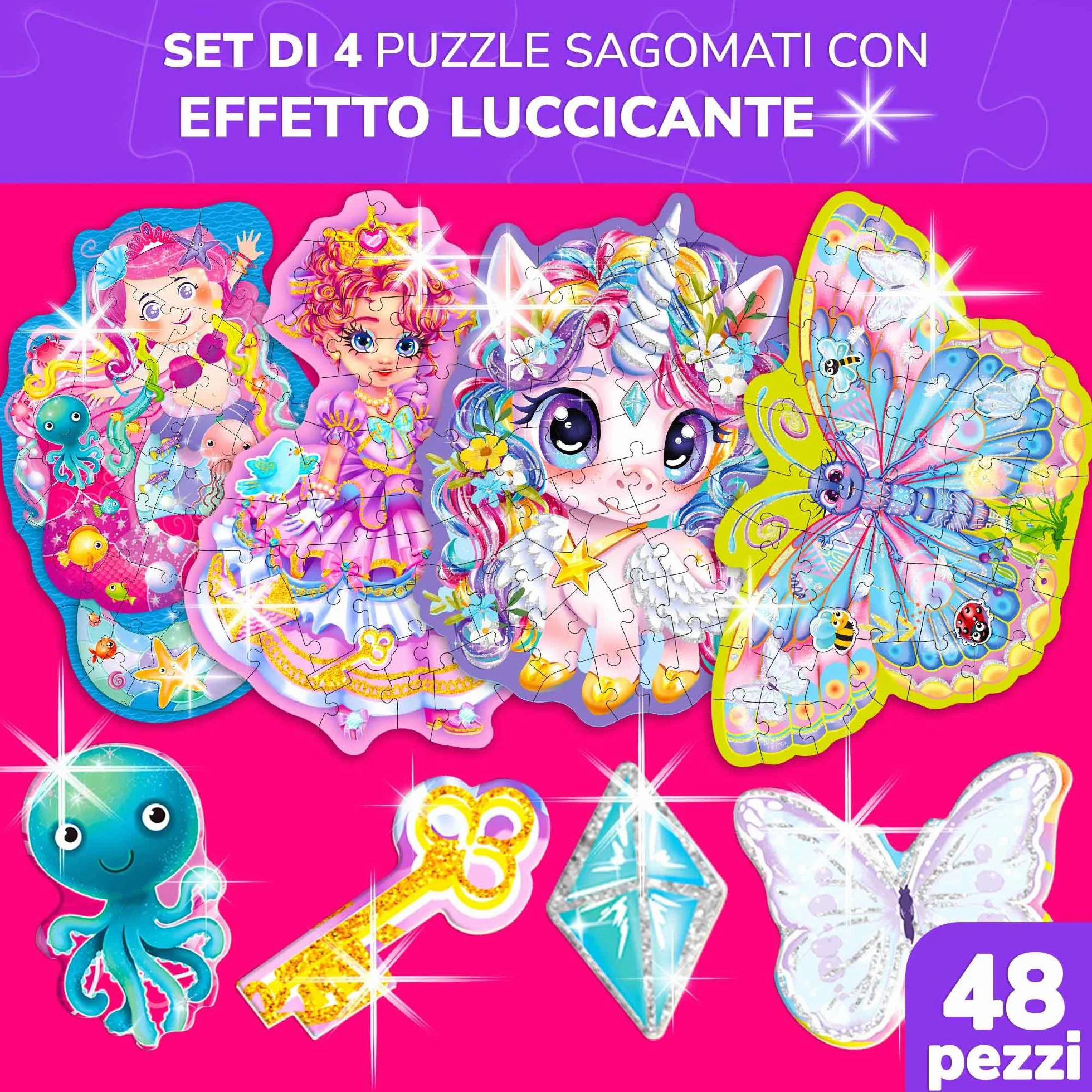 QUOKKA Shimmer Puzzle per Bambini Dai 4 ai 6 Anni - Puzzle a Forma di 48 pezzi - Confezione da 4: Principessa, Sirena, Farfalla e Unicorno - Giocattolo Bambini
